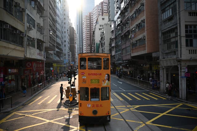 <p>A tram makes its way through Sheung Wan district of Hong Kong </p>