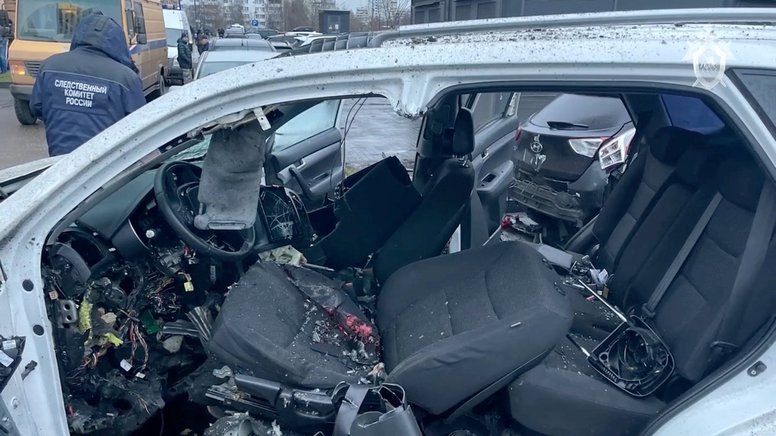 The inside of the vehicle that was destroyed in the explosion in Moscow