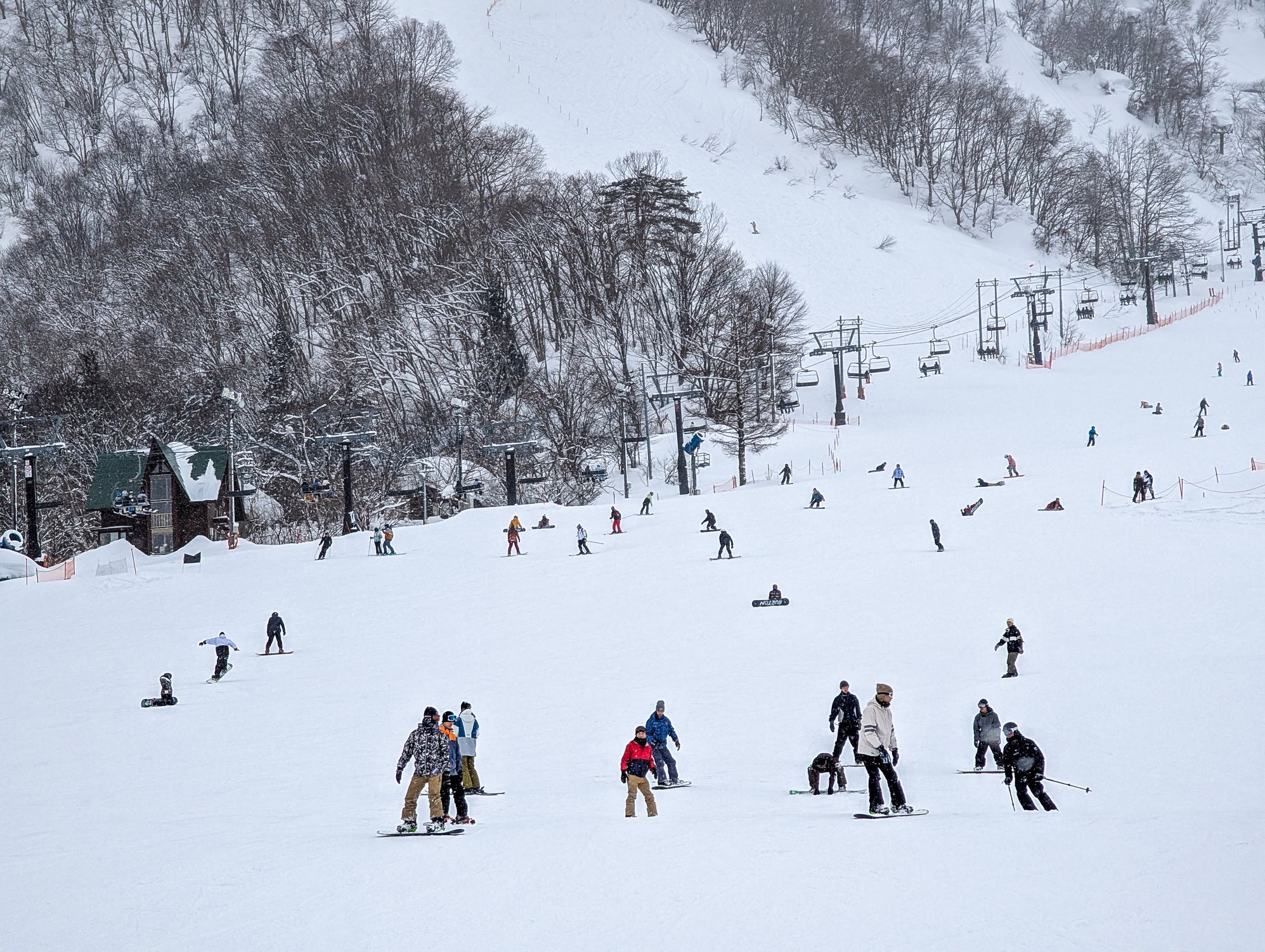 People skiing and snowboarding at Hakuba Goryu ski resort in Nagano, Japan