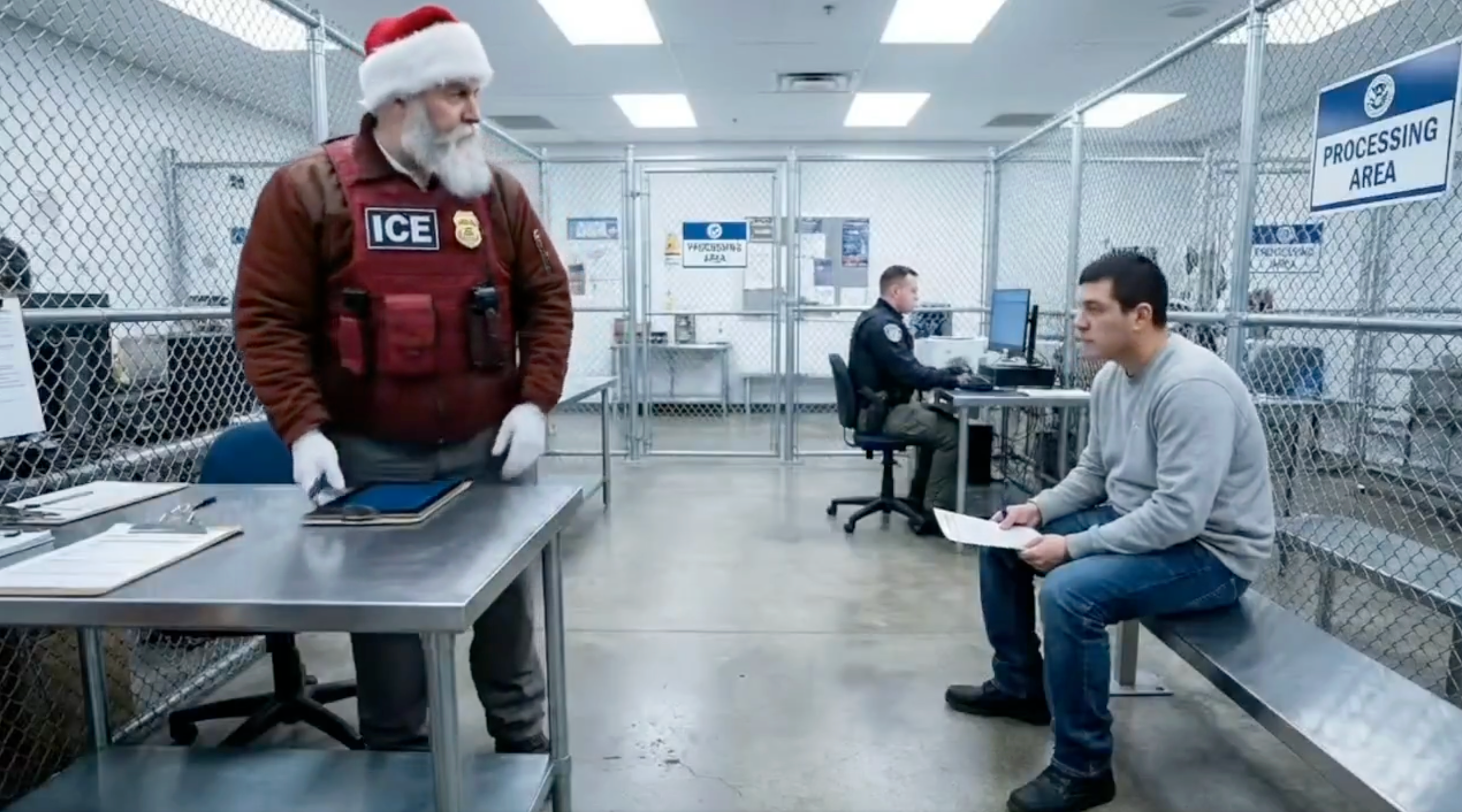 The AI-generated figure, depicted wearing Santa’s traditional red suit and with a white beard, appears with an ICE logo across his chest