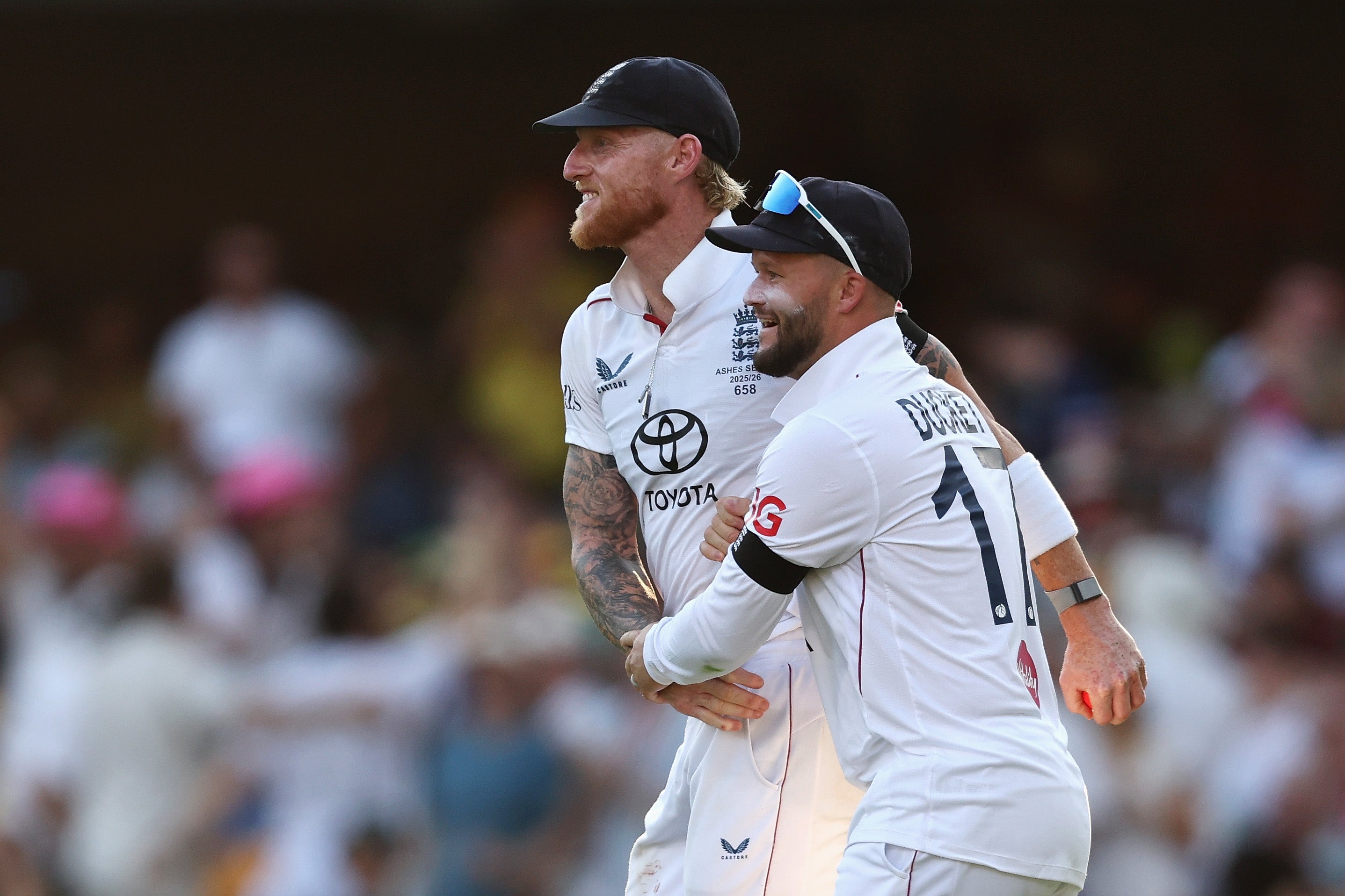 <p>Ben Stokes with Ben Duckett during day three of the second Ashes Test between England and Australia</p>