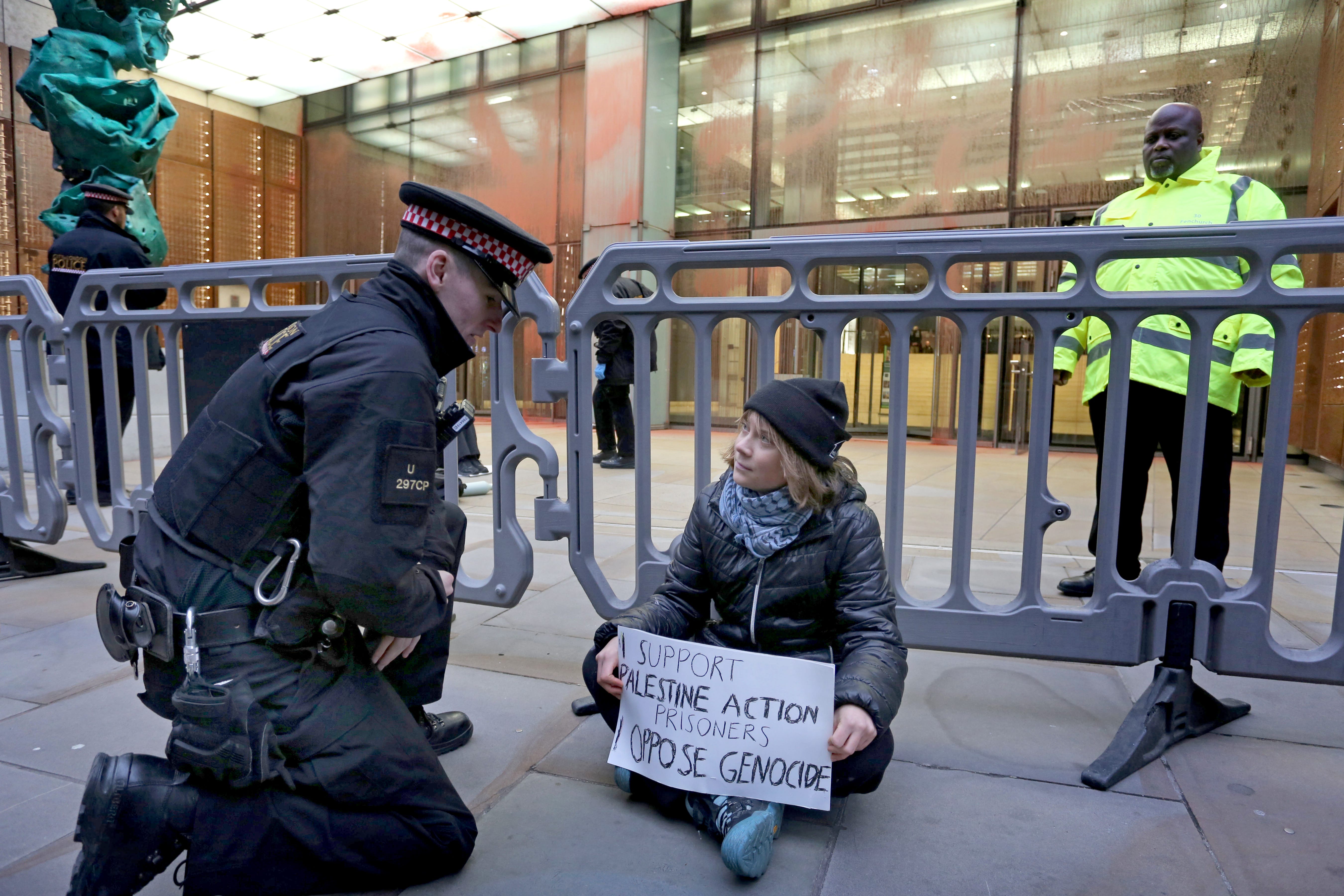 Climate activist Greta Thunberg being detained by City of London Police during a protest in support of the Palestine Action protesters on hunger strike in prison