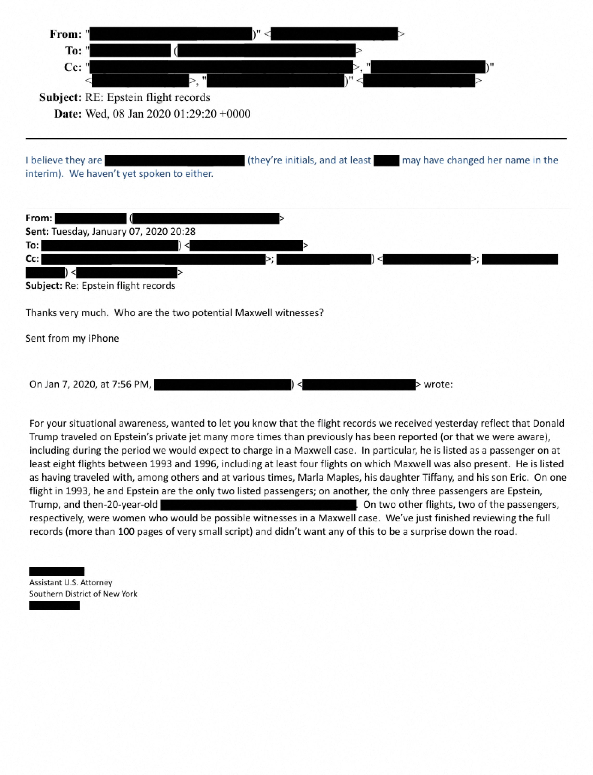 An email from 2020 discussing Jeffrey Epstein's private jet flight records mentioned Donald Trump