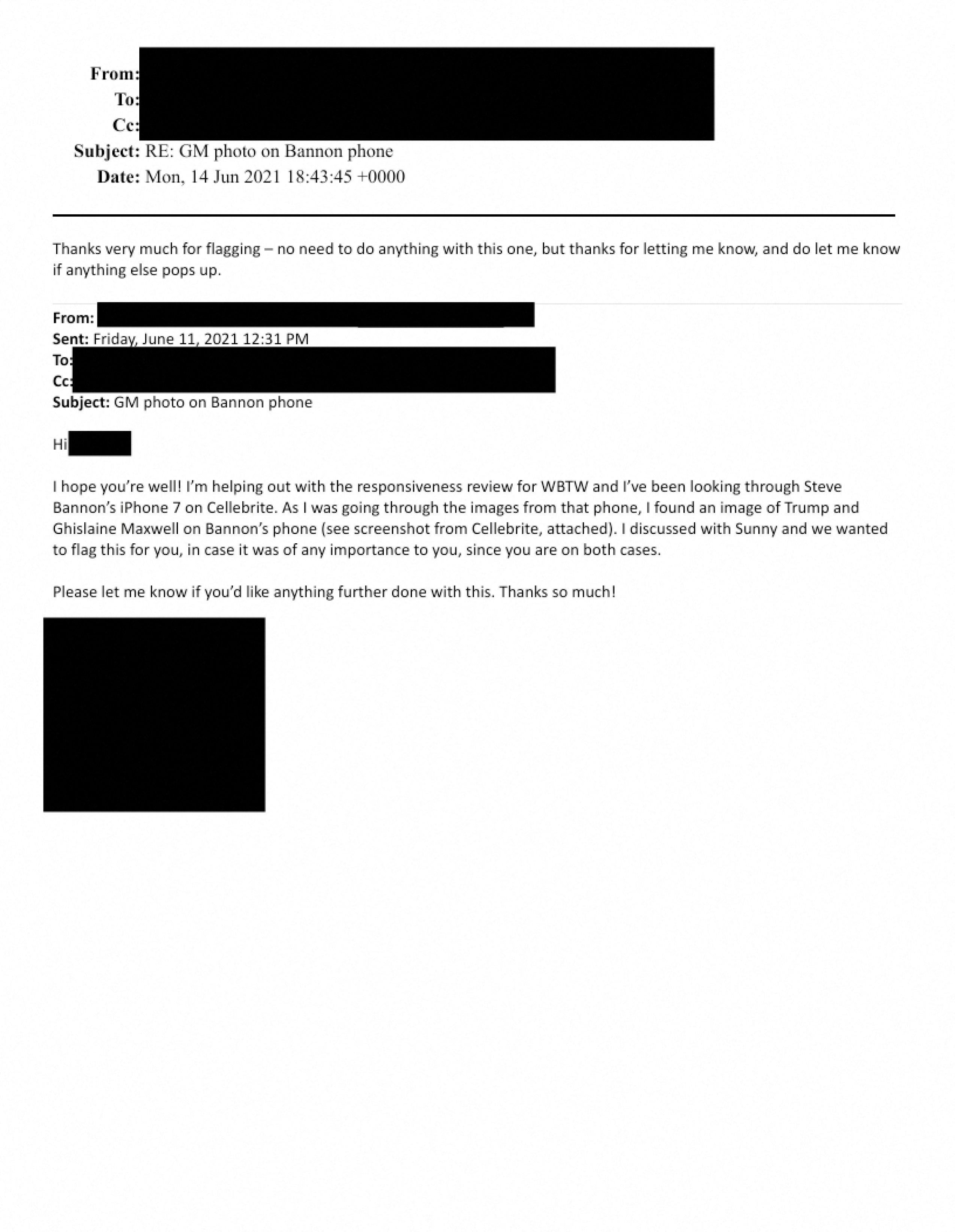 An email discussing a purported photo of Epstein and Trump on Steve Bannon's phone is shown in this image released by the Department of Justice