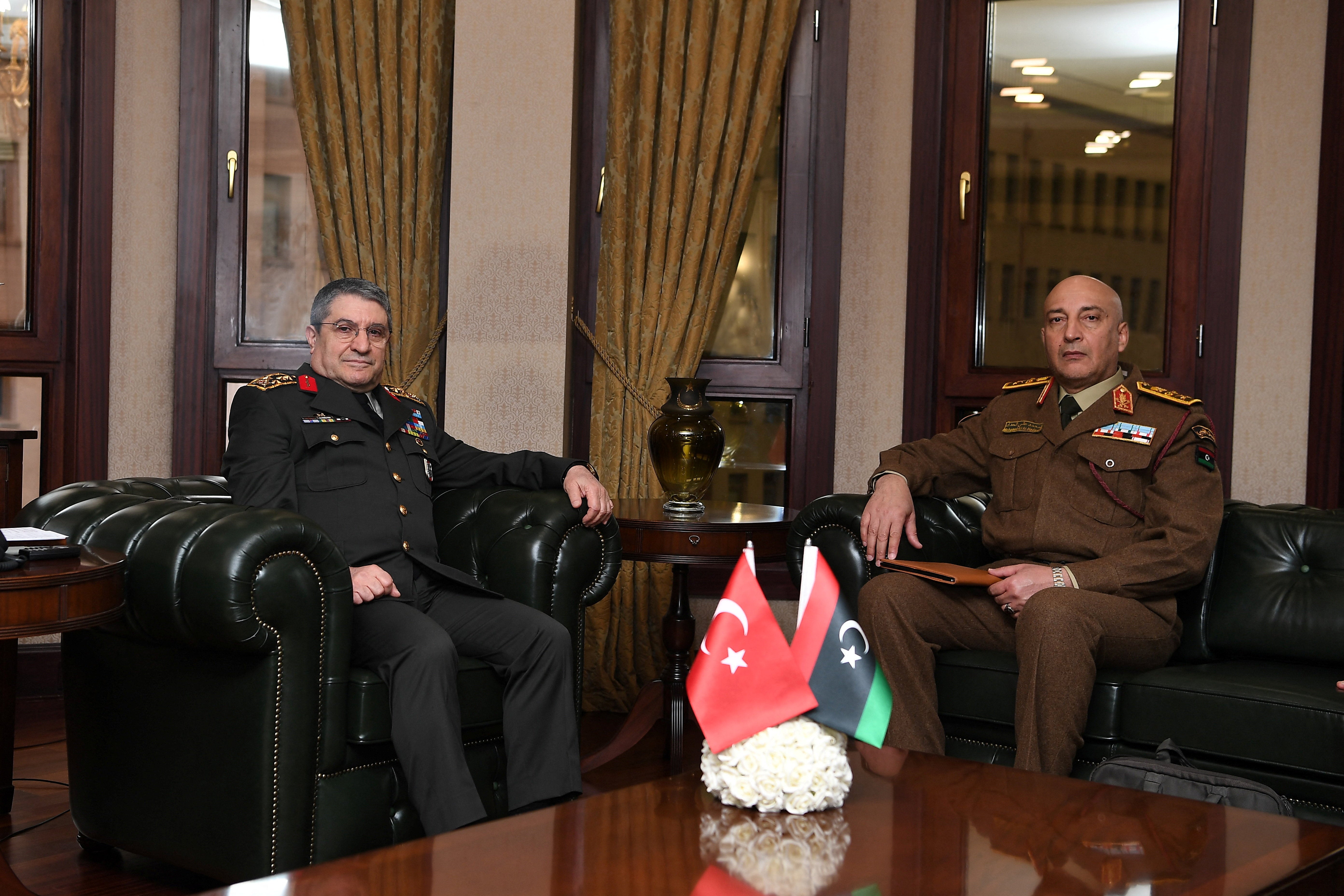<p>Turkish Chief of Staff Selcuk Bayraktaroglu meets with his Libyan counterpart Mohammed Ali Ahmed Al-Haddad in Ankara, Turkey, December 23, 2025. Defence Ministry/Handout via REUTERS</p>