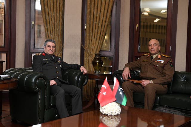 <p>Turkish Chief of Staff Selcuk Bayraktaroglu meets with his Libyan counterpart Mohammed Ali Ahmed Al-Haddad in Ankara, Turkey, December 23, 2025. Defence Ministry/Handout via REUTERS</p>
