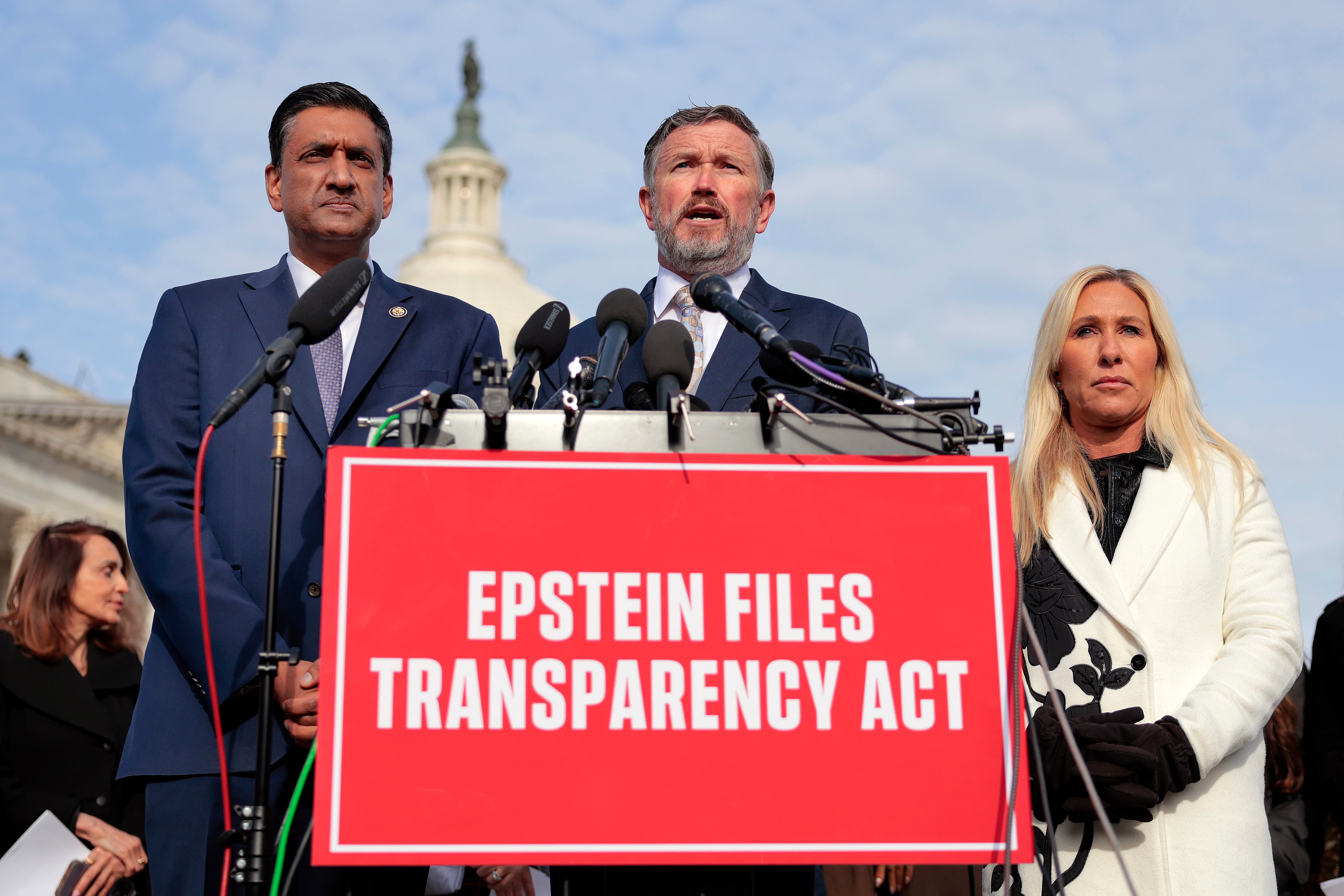 Rep. Thomas Massie, center, and Rep. Ro Khanna, left, are drafting a resolution to find Attorney General Pam Bondi in inherent contempt for her handling of the Epstein files