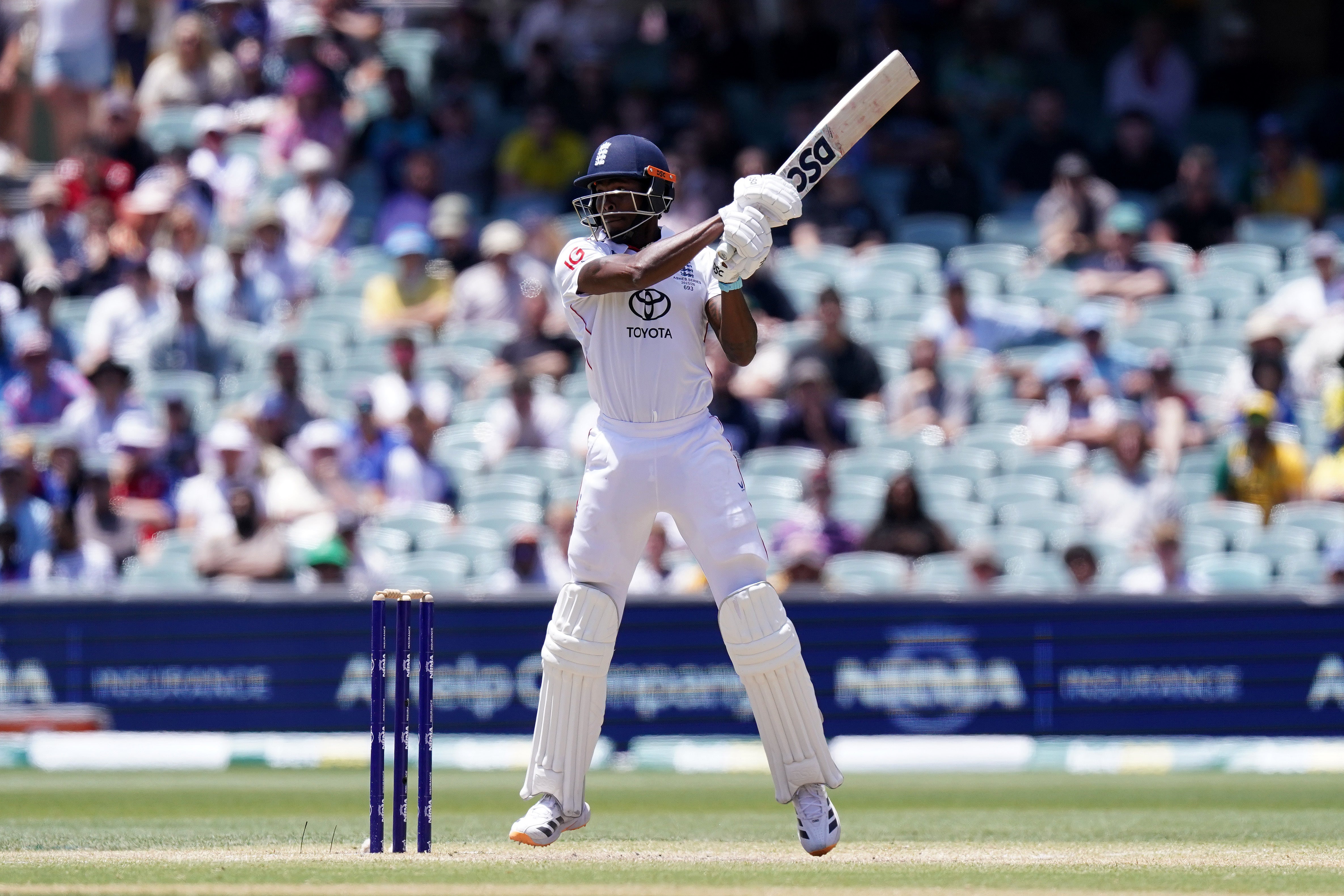 Jofra Archer pictured on his way to making 51 in the third Test in Adelaide where he took five for 53 in Australia’s first innings (Robbie Stephenson/PA).