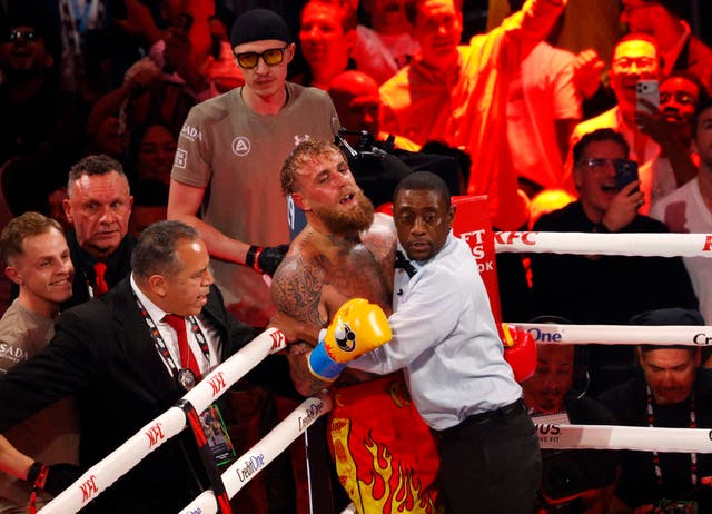 <p>Jake Paul reacts after his defeat against Anthony Joshua</p>