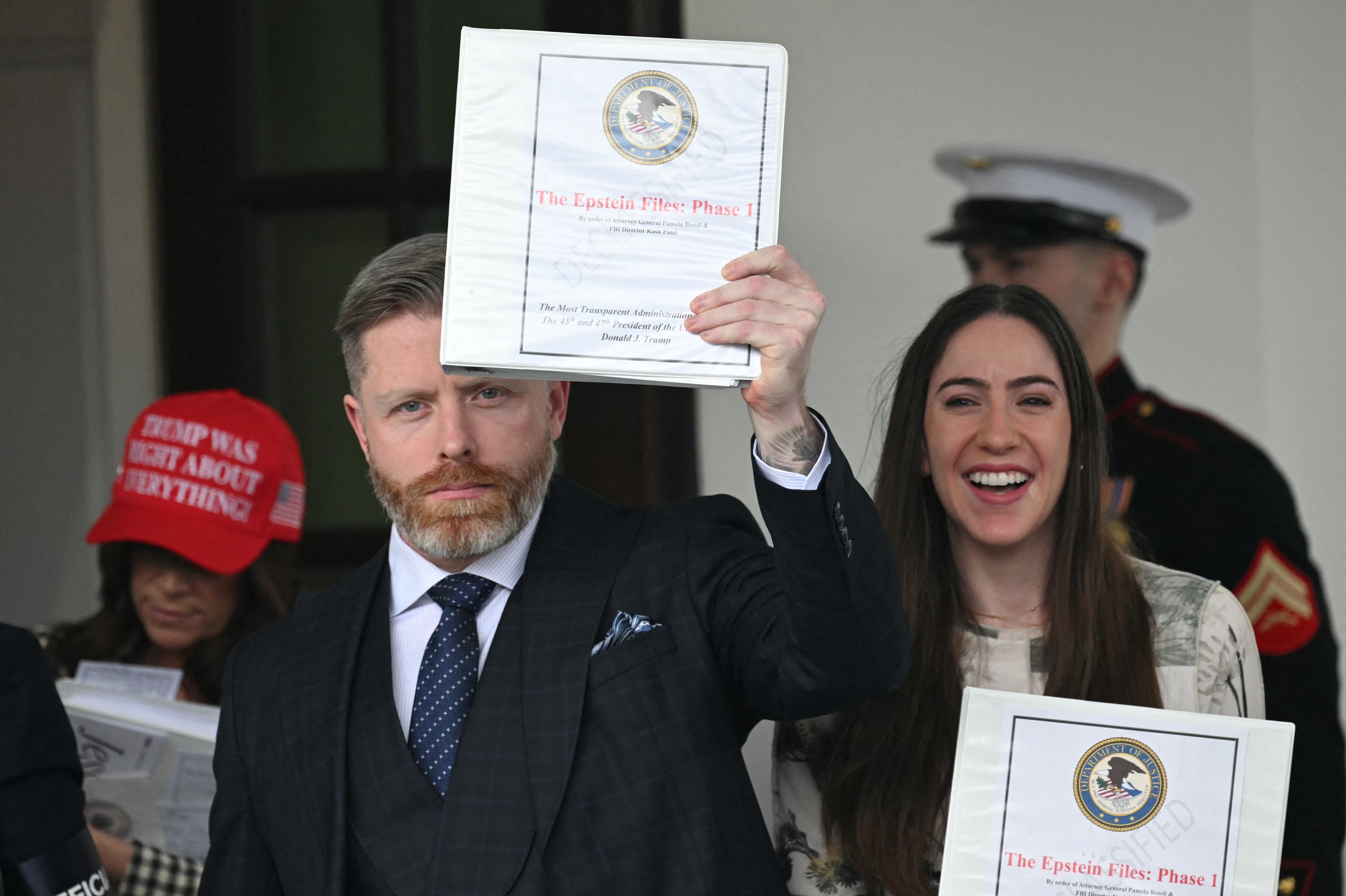 Political commentator Rogan O'Handley, aka DC Draino, center, influencer Jessica Reed Kraus, left, and Chaya Raichik, right, at the White House in February after the release of what was billed as the first phase of the Epstein files release, but which was made up of already publicly available material