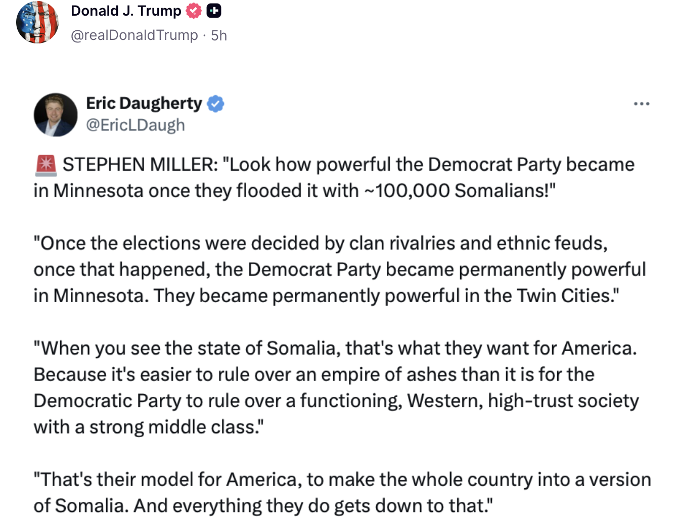 Trump reshared several conspiracy theories, including one suggesting that the Democratic Party wanted to turn the US into Somalia