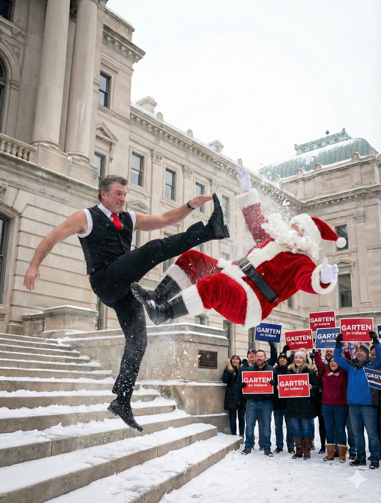 In another picture, Garten kicks Santa down the stairs of the state apitol building, as a crowd holding campaign-style signs cheer him on.