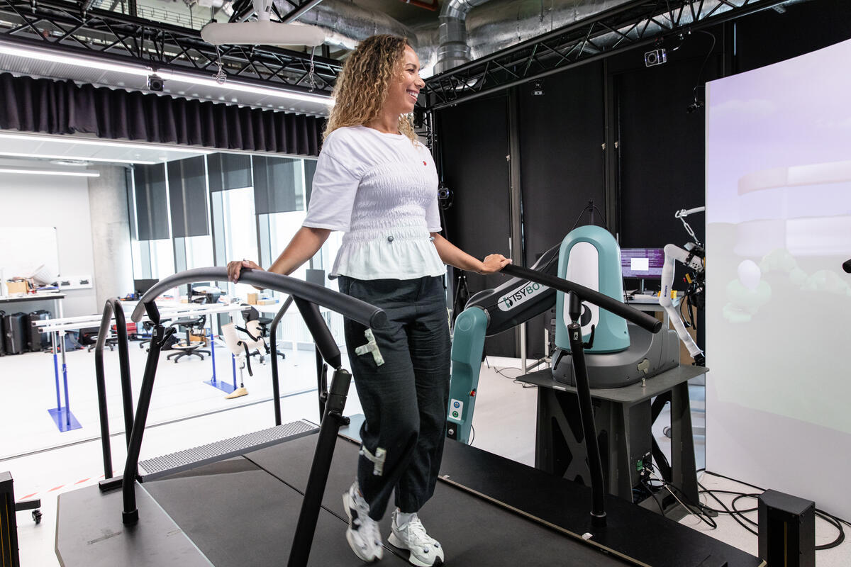Lewis on the motion-capture treadmill that helps children to walk again