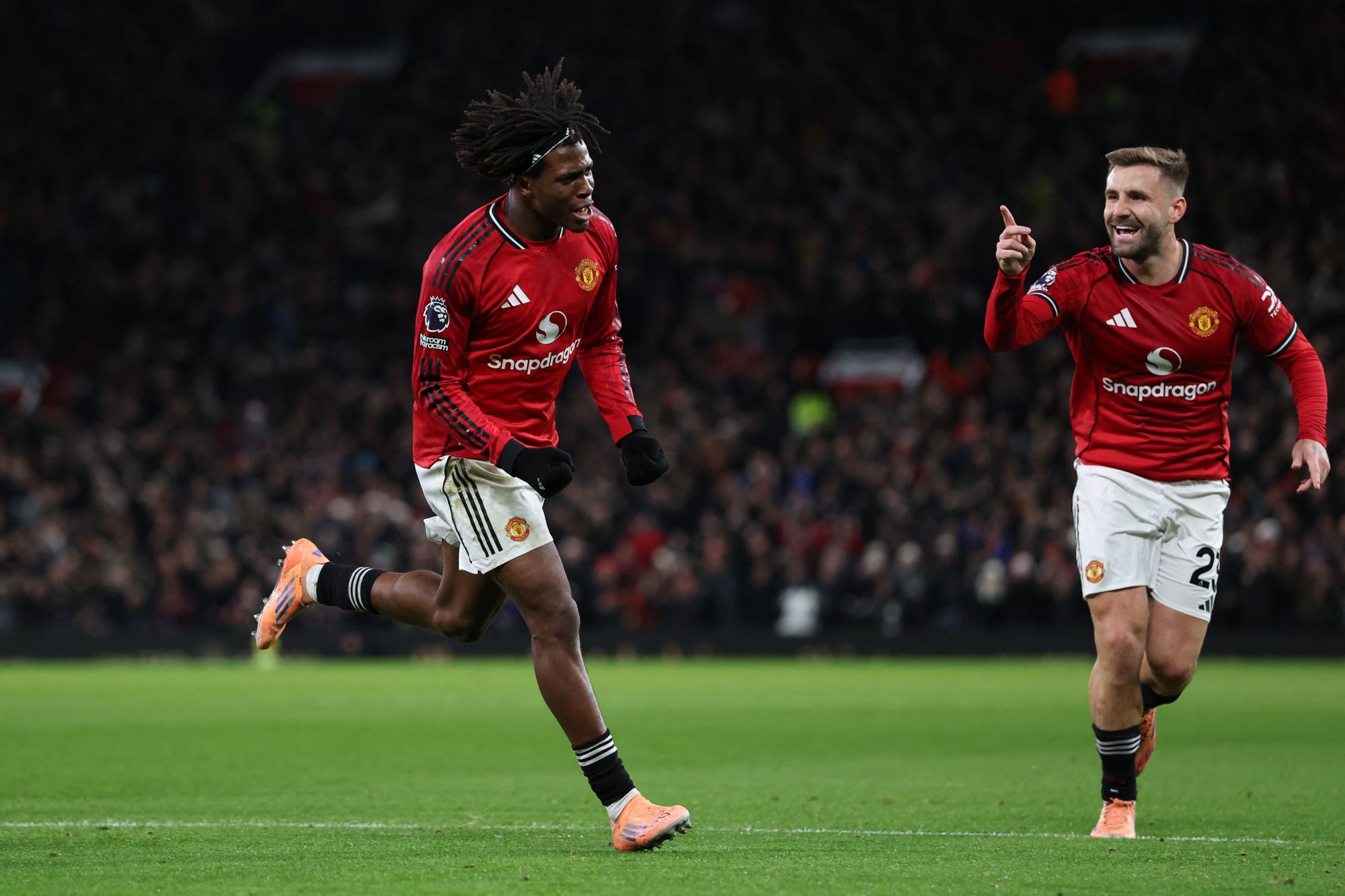 Manchester United's Patrick Dorgu celebrates scoring their first goal