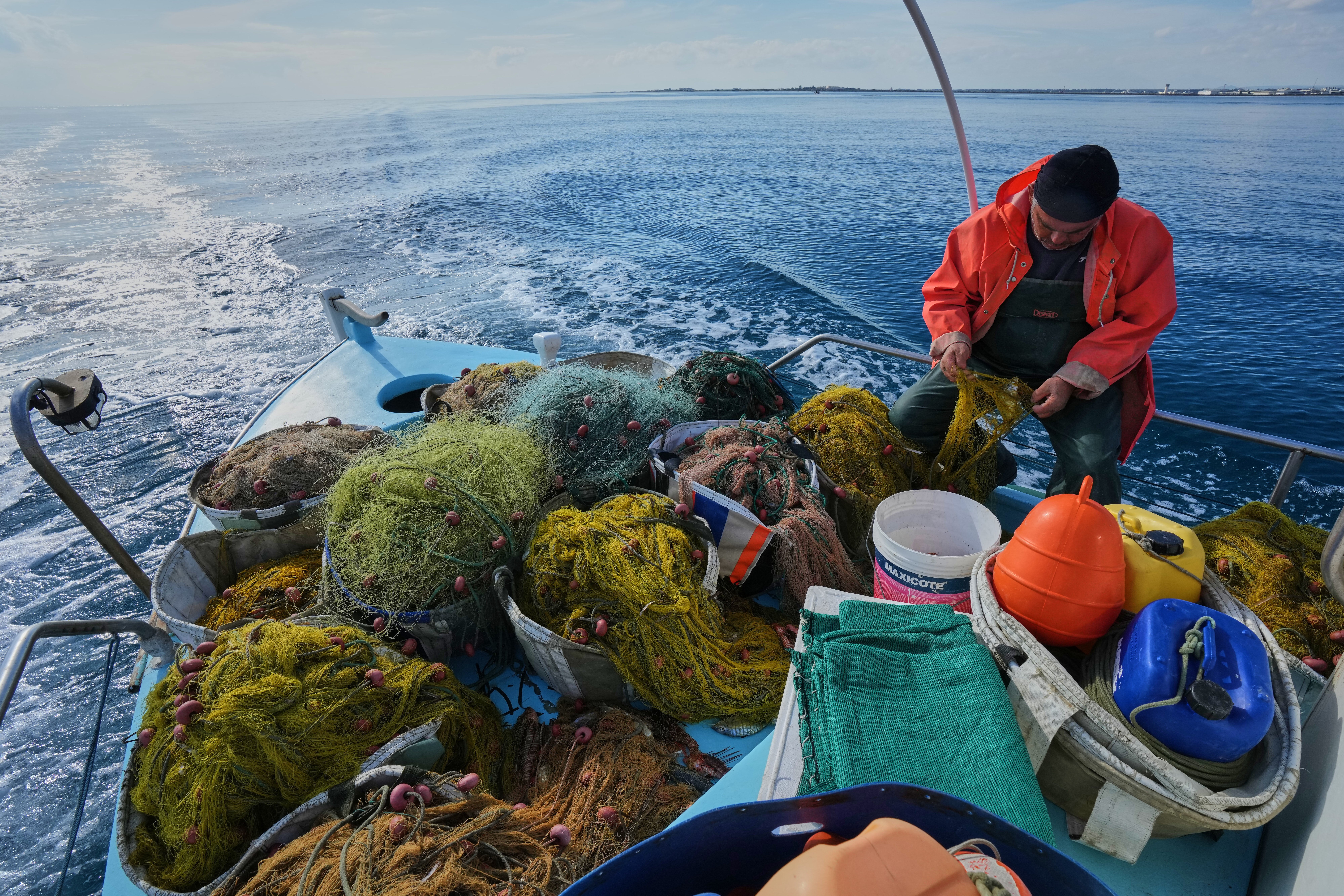 Photis Gaitanos collects fish from nets off the coast of Larnaca, Cyprus, in the eastern Mediterranean