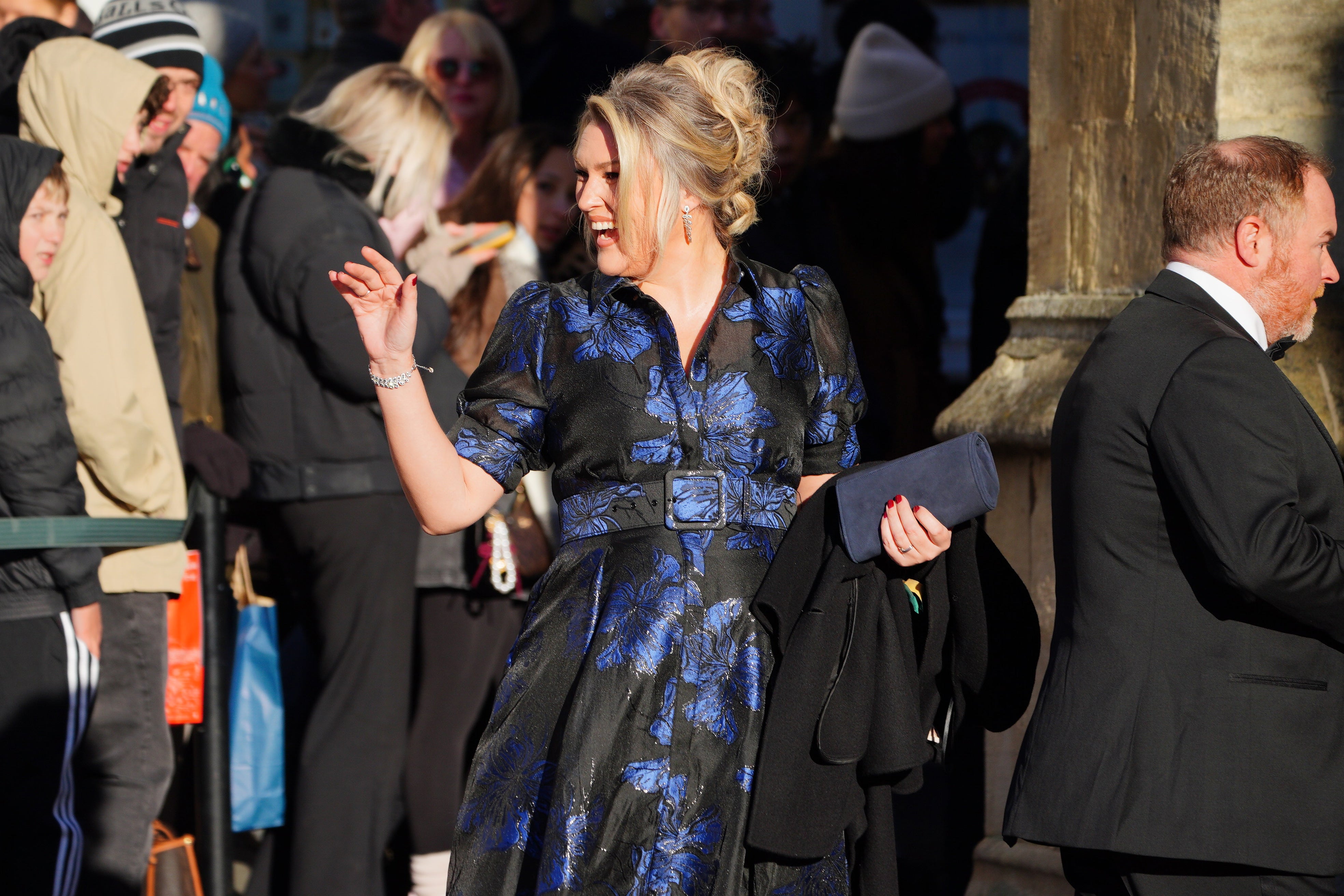 Sara Davies arrives for the wedding of Adam Peaty and Holly Ramsay at Bath Abbey