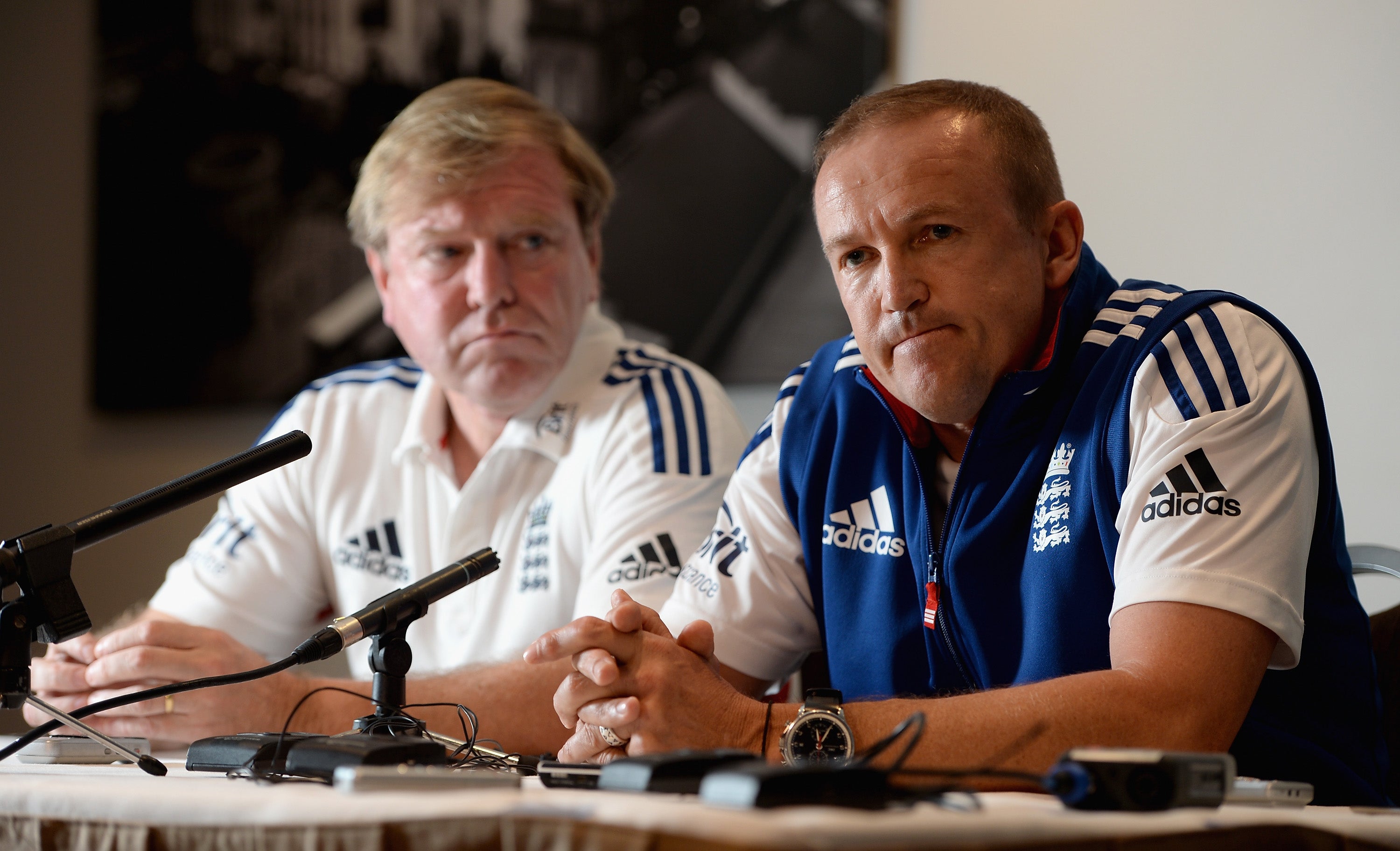 Managing director of England cricket Hugh Morris and team director Andy Flower in Brisbane, Australia in 2013