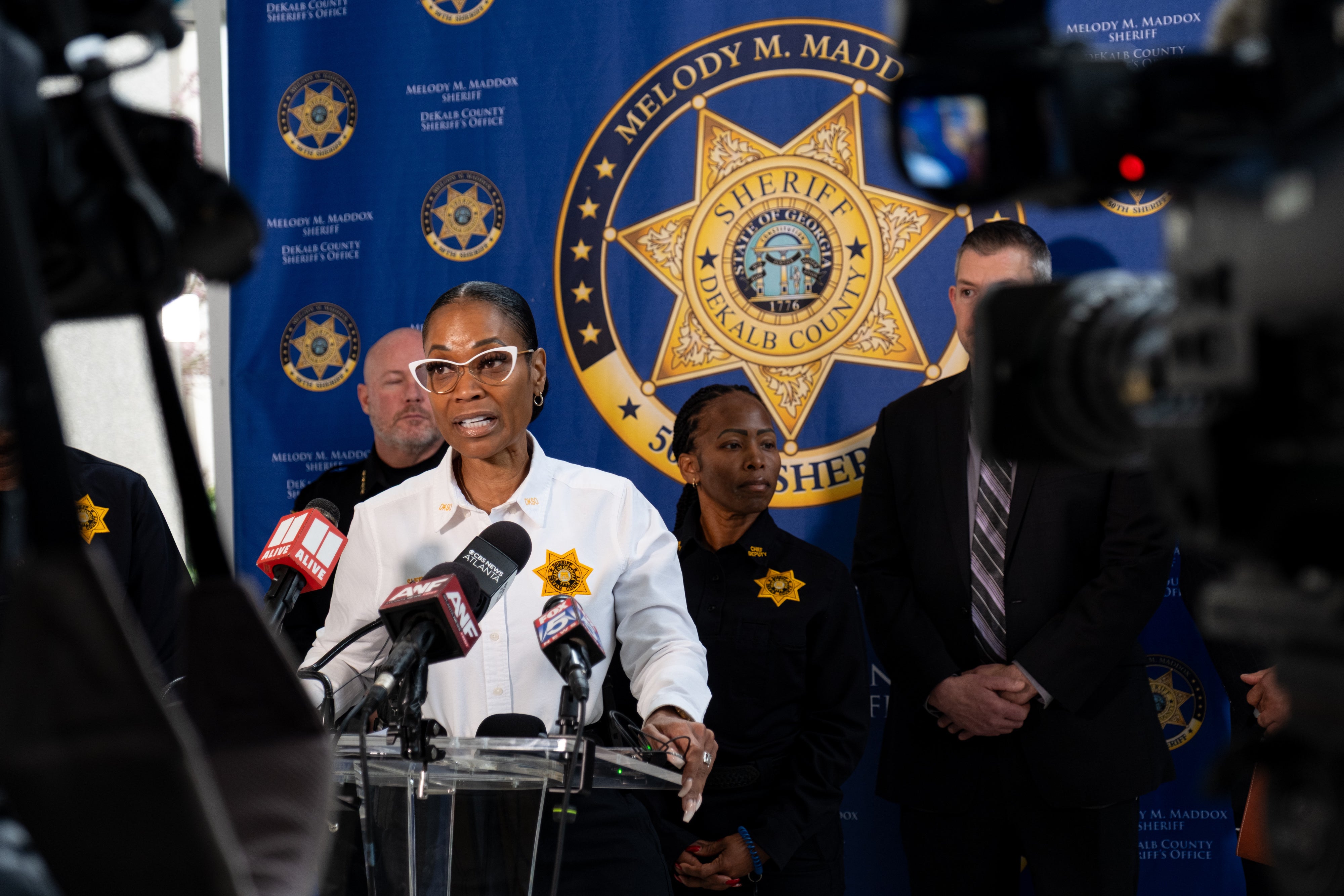 DeKalb County Sheriff Melody Maddox speaks to reporters after the three escaped inmates were captured in Florida