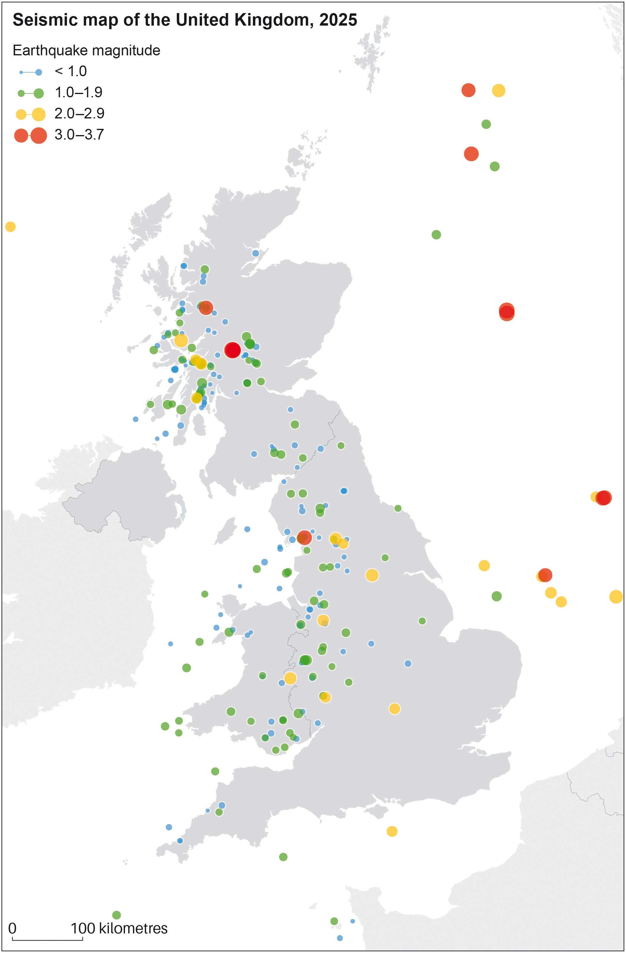 A map of the distribution of earthquakes in 2025 (BGS/UKRI/PA)