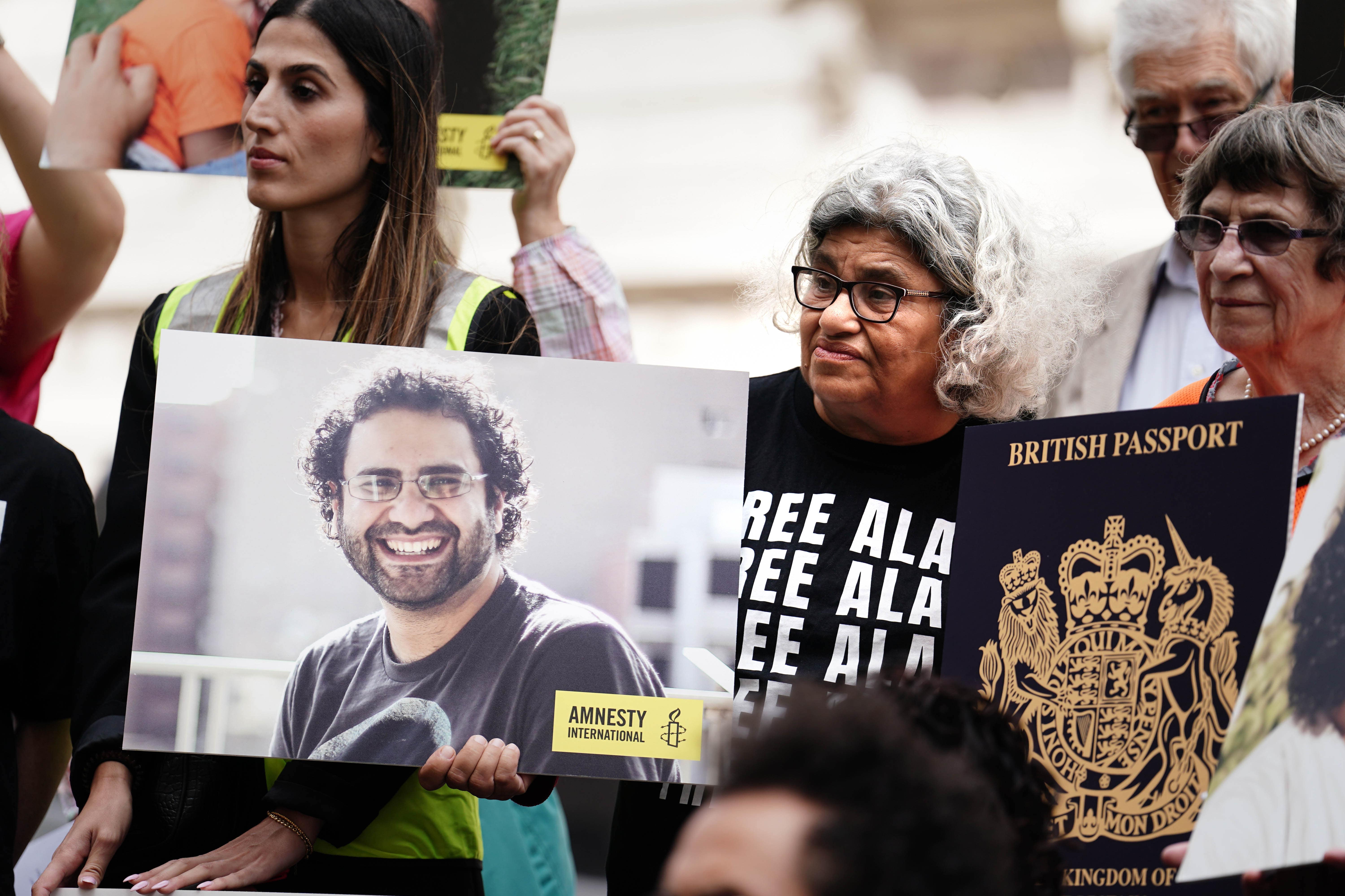 Laila Soueif (centre right), the mother of Alaa Abd el-Fattah, taking part in a vigil for him in July 2023