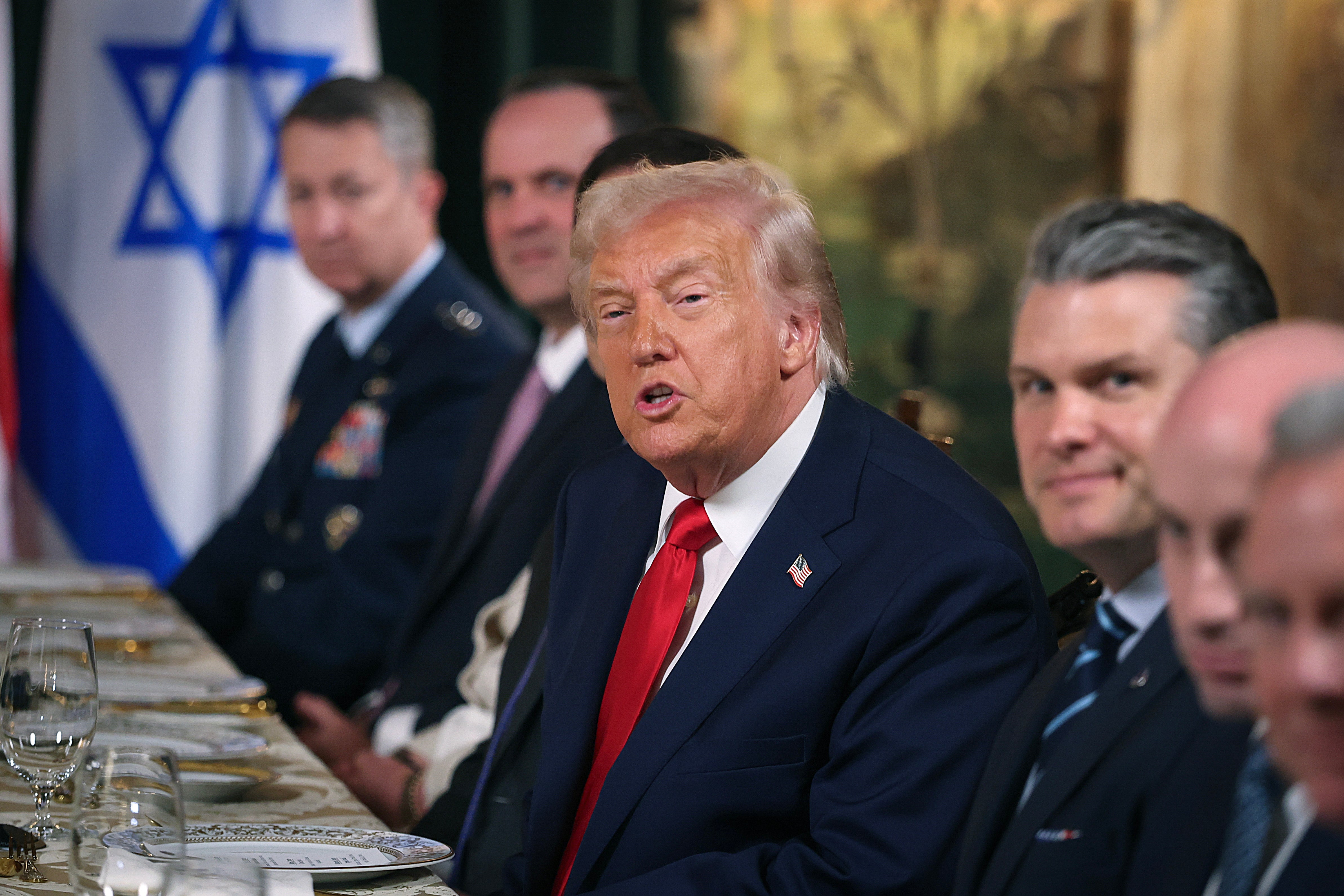 U.S. President Donald Trump speaks during a luncheon where he hosted Israeli Prime Minister Benjamin Netanyahu at his Mar-a-Lago club on December 29, 2025 in Palm Beach, Florida