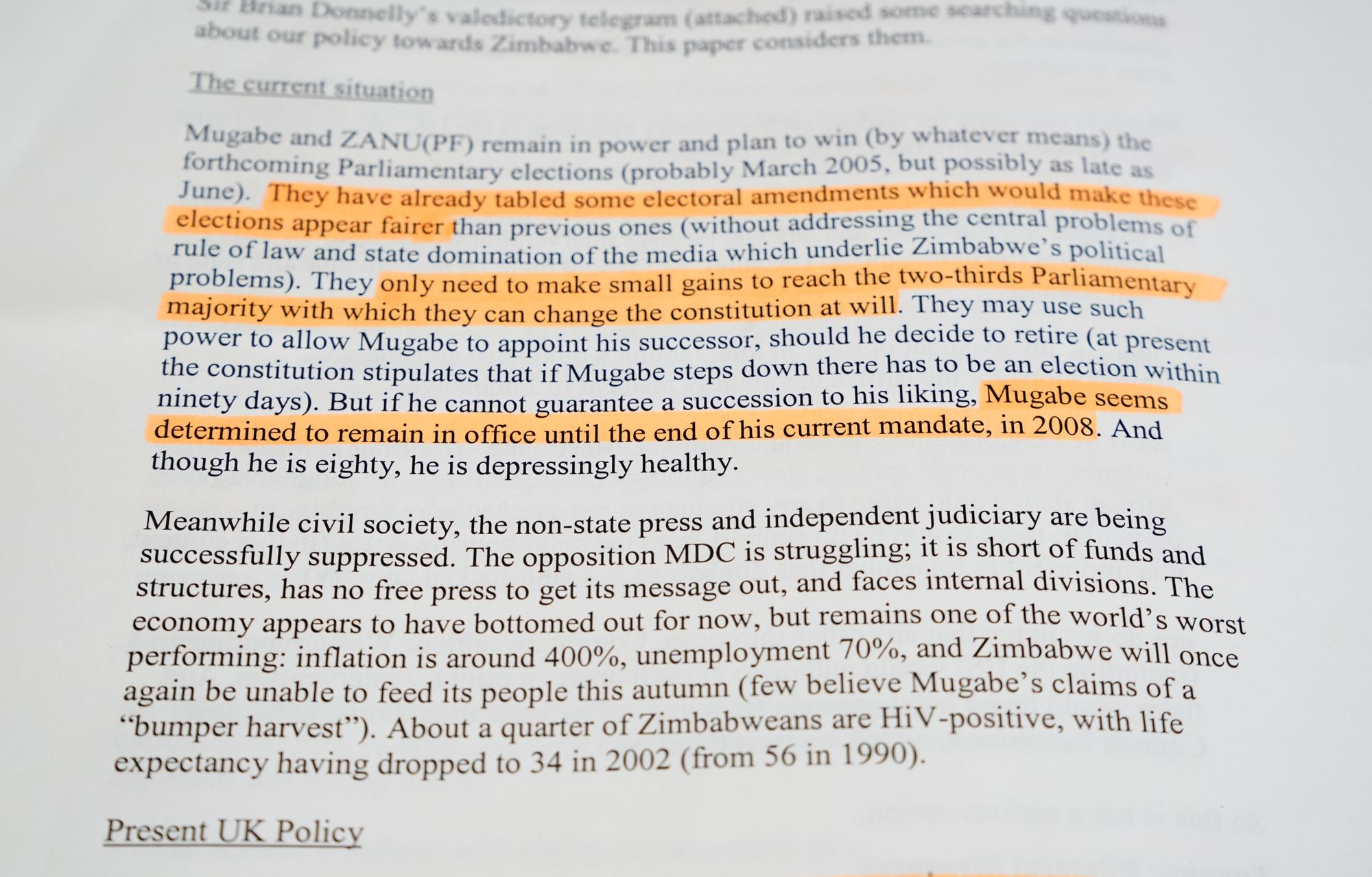 An excerpt from a document released by the National Archives regarding policy towards Zimbabwe