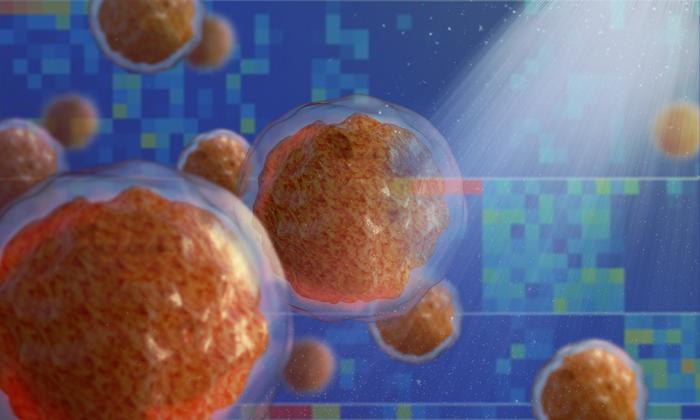Illustration shows cancer cells against heatmaps representing gene regulation