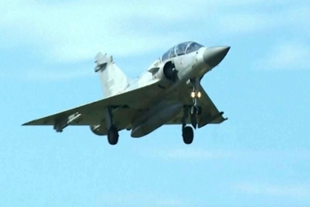 A Taiwanese fighter jet prepares to land at the Hsinchu air base