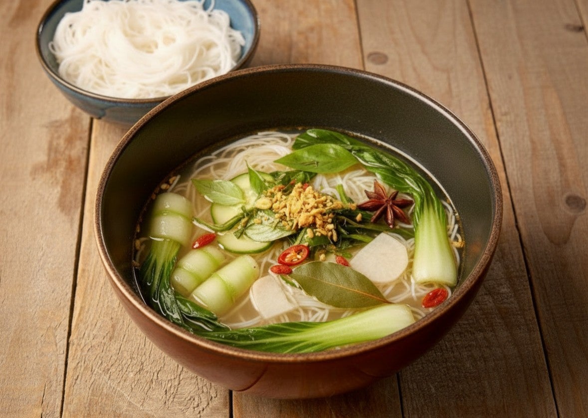 Light, gently spiced and restorative, this clear broth turns rice or noodles into something quietly nourishing