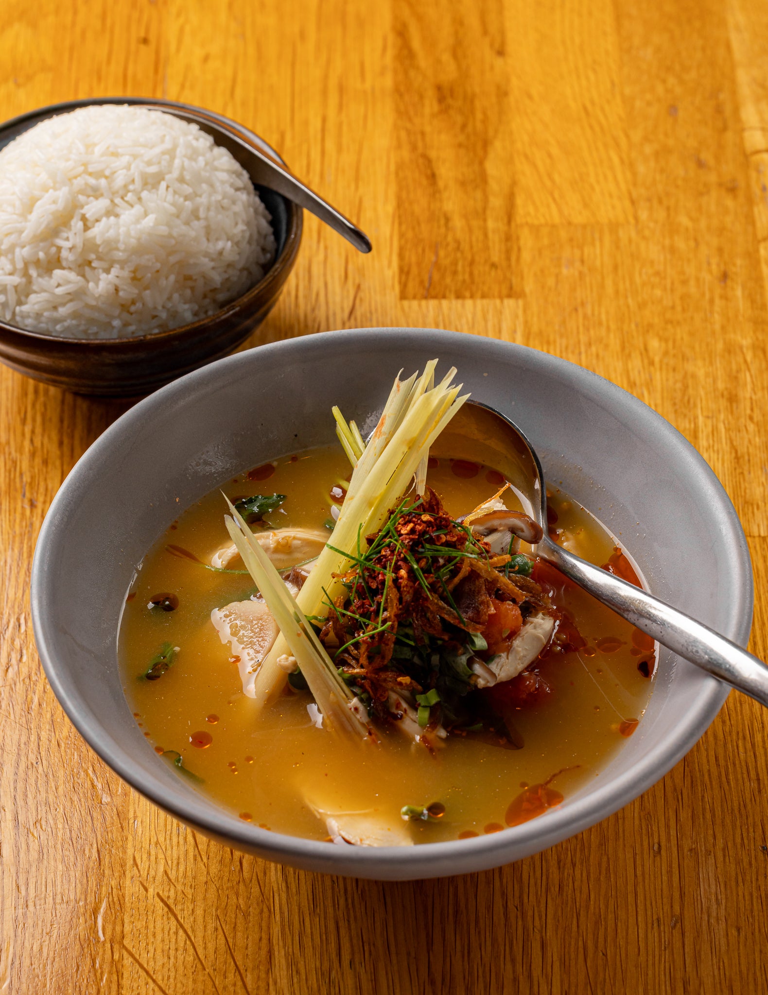 Tom yum at its most stripped-back – aromatic, punchy and ideal poured over rice for a quick winter bowl
