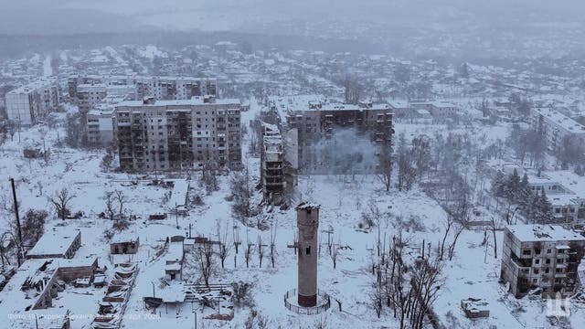 <p>A drone view shows damaged apartment buildings, amid Russia's attack on Ukraine, in the frontline town of Kupiansk, Kharkiv </p>