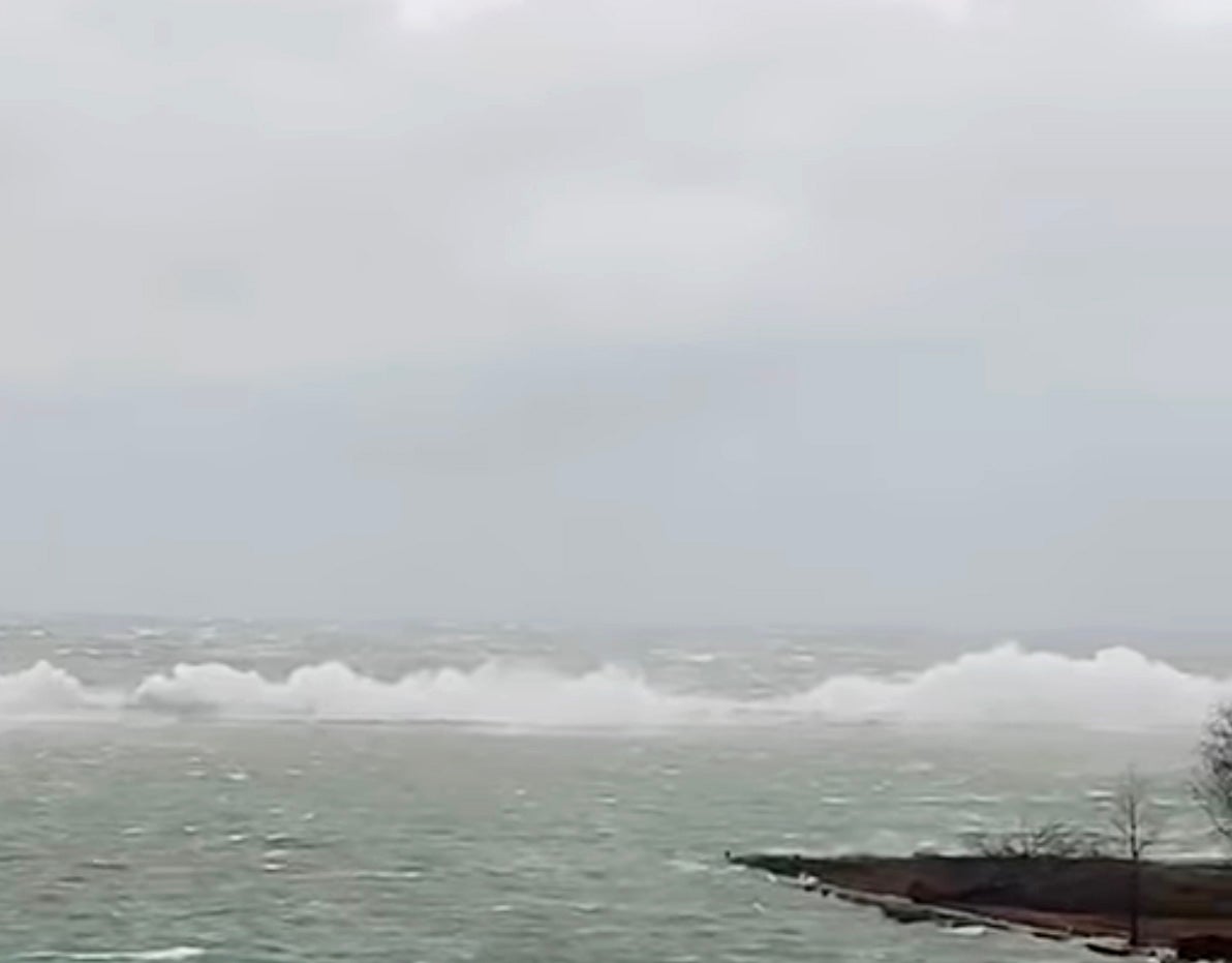 The wind's direction and strength caused a seiche, shown here on the New York side of the lake, which occurs when wind pressure pushes water in one direction, exposing the lakebed on one side and flooding the other