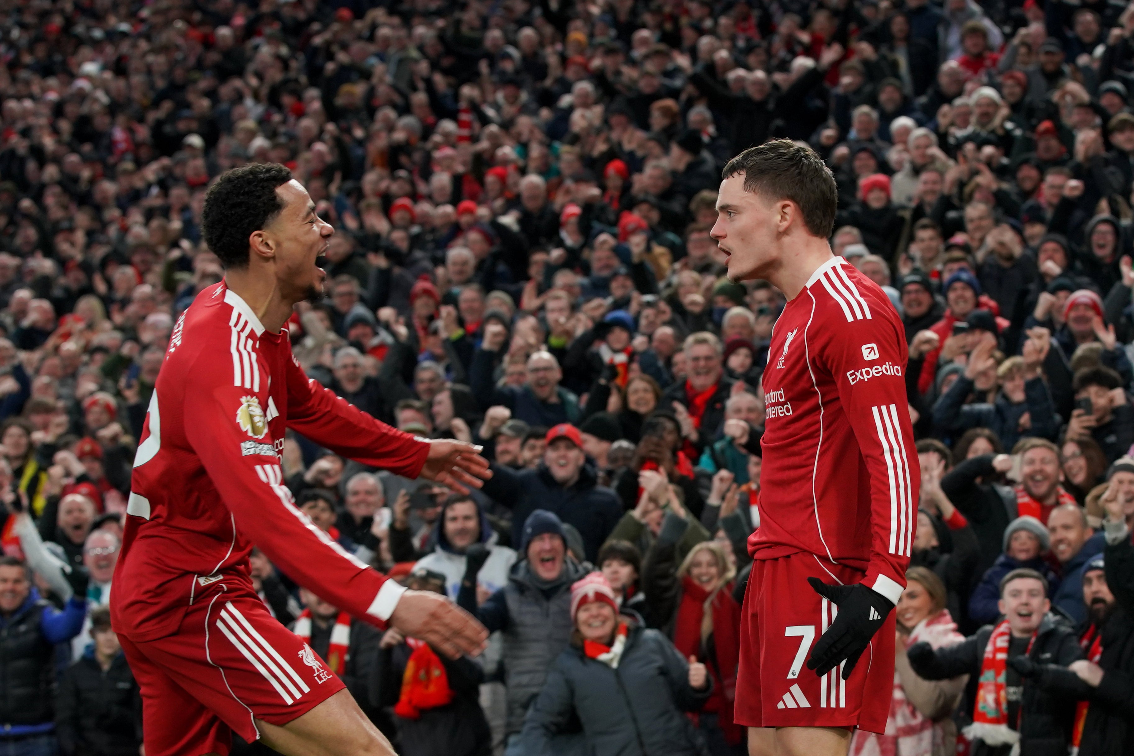 <p>Florian Wirtz celebrates his first Liverpool goal with Hugo Ekitike, the only one of Liverpool's new recruits that can be classed as a success over the first half of the season </p>