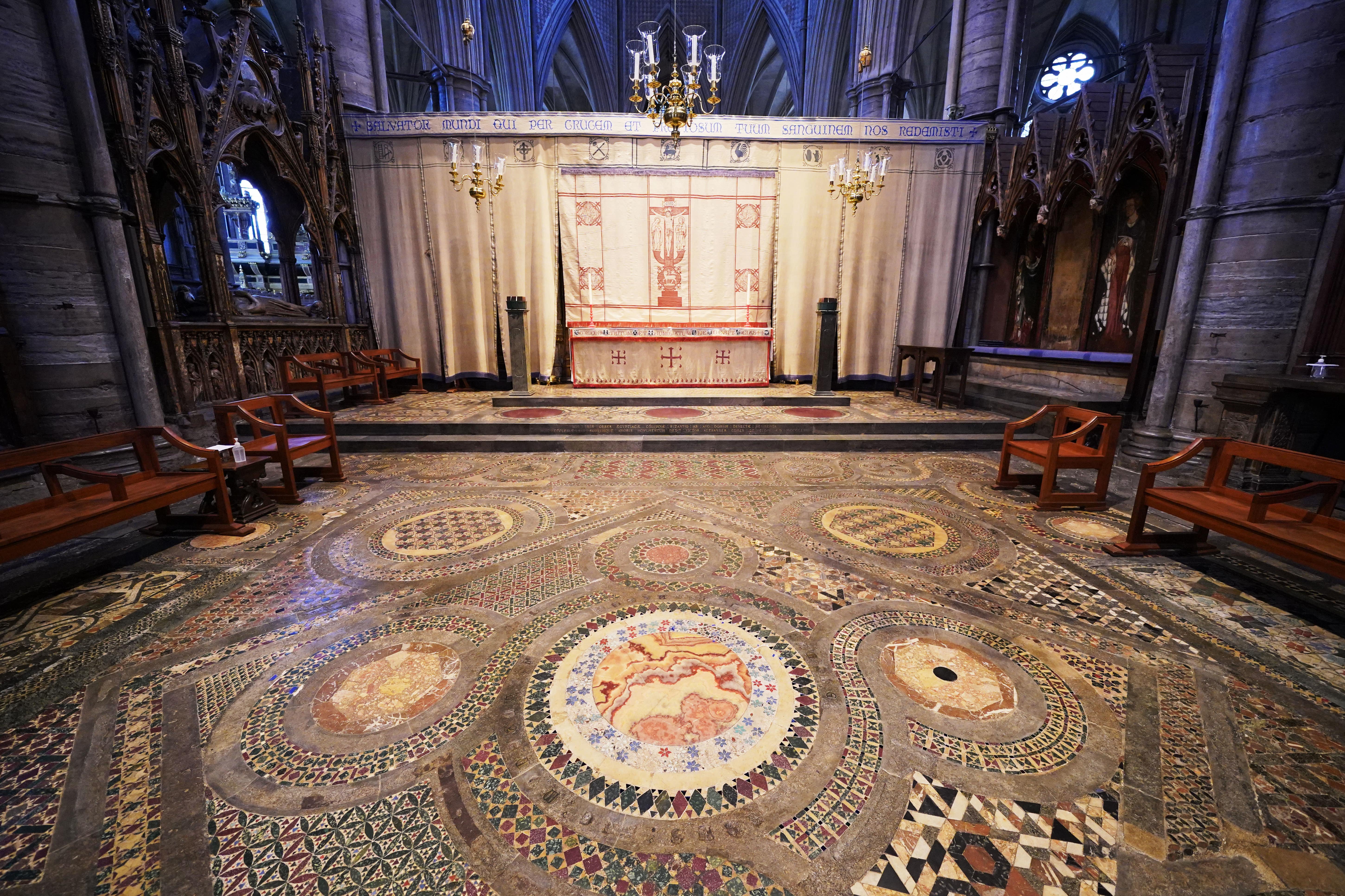The Coronation Pavement, also known as the Cosmati Pavement, at Westminster Abbey in central London, which researchers say is a slice through a rhombic dodecahedron intended to show harmony (Jonathan Brady/ PA)