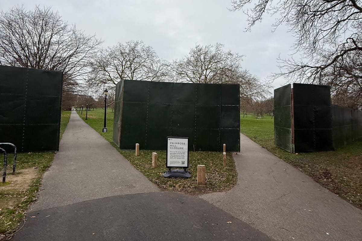 <p>Some of the dark green hoarding put up around Primrose Hill in Camden</p>