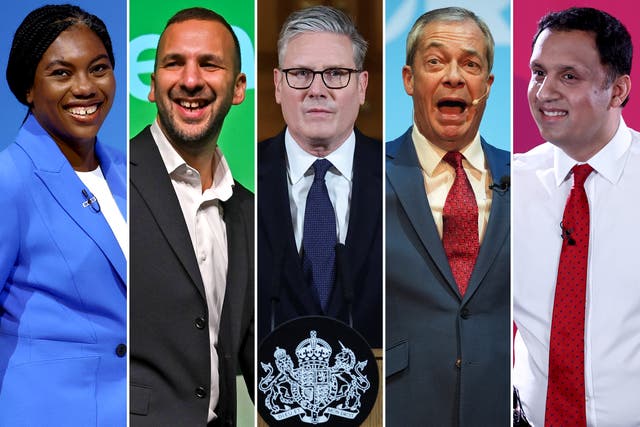 <p>Tory leader Kemi Badenoch, PM Keir Starmer, Zack Polanski of the Greens, Reform UK’s Nigel Farage and MSP Anas Sarwar</p>