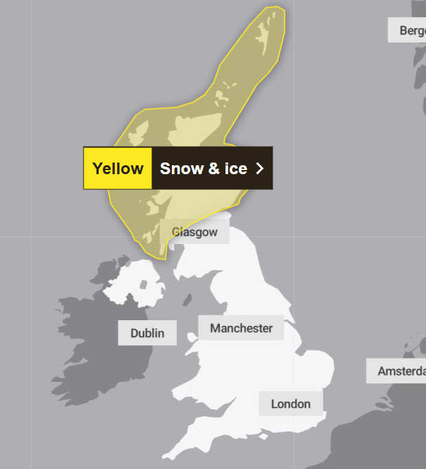 A yellow weather warning is also in place on Saturday across parts of Scotland