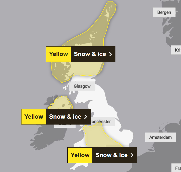 Warnings for snow and ice have been issued in Scotland, northern Ireland and across parts of Wales and London on Friday