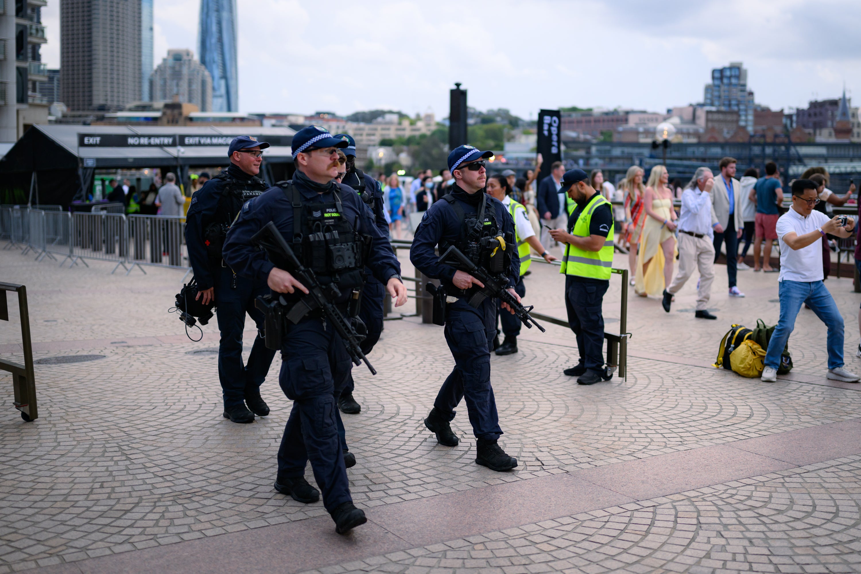 Police on guard at the Opera House ahead of the New Year's Eve fireworks display