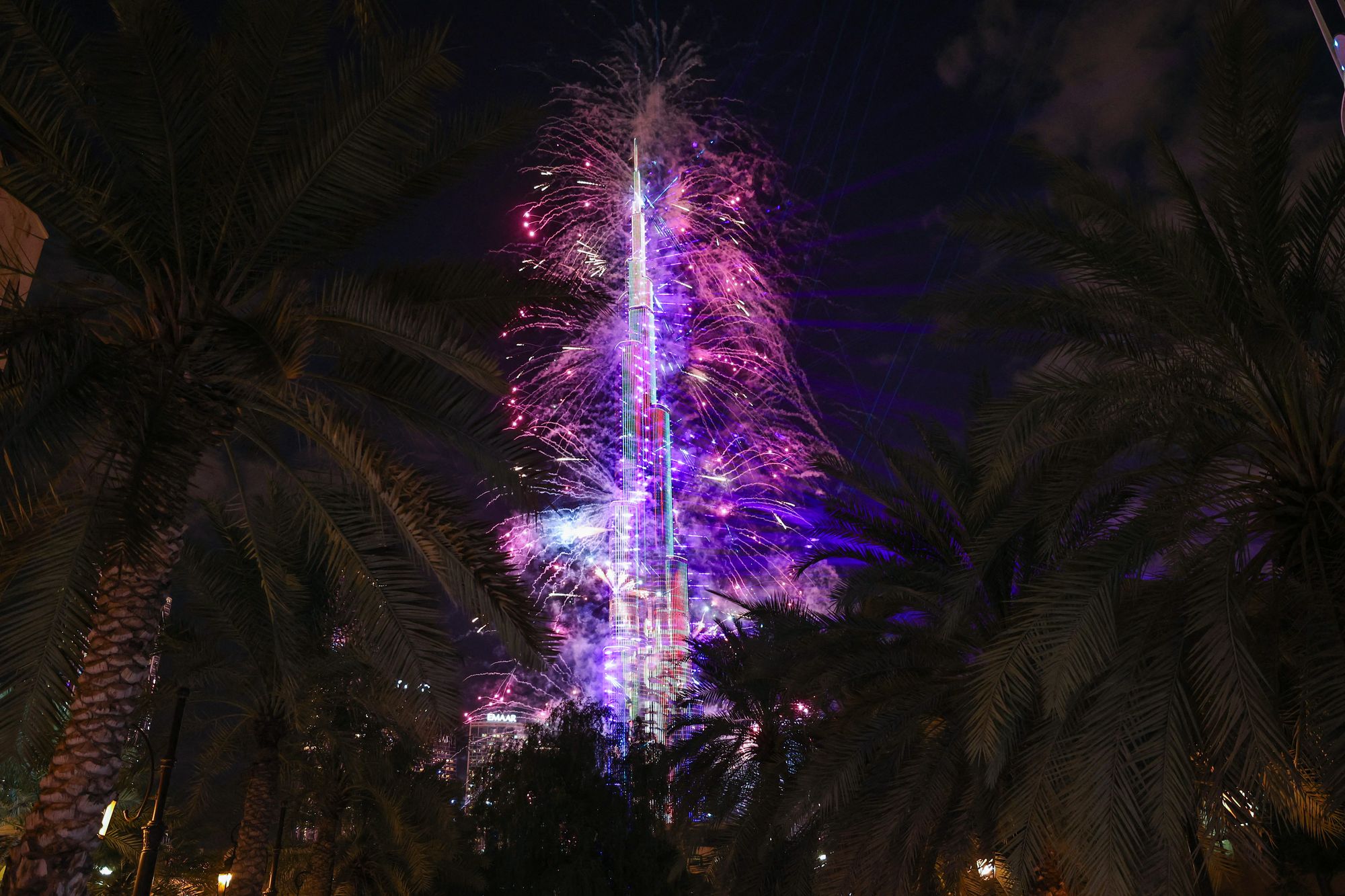 Fireworks light up the sky around the Burj Khalifa during New Year celebrations in Dubai early on January 1, 2026