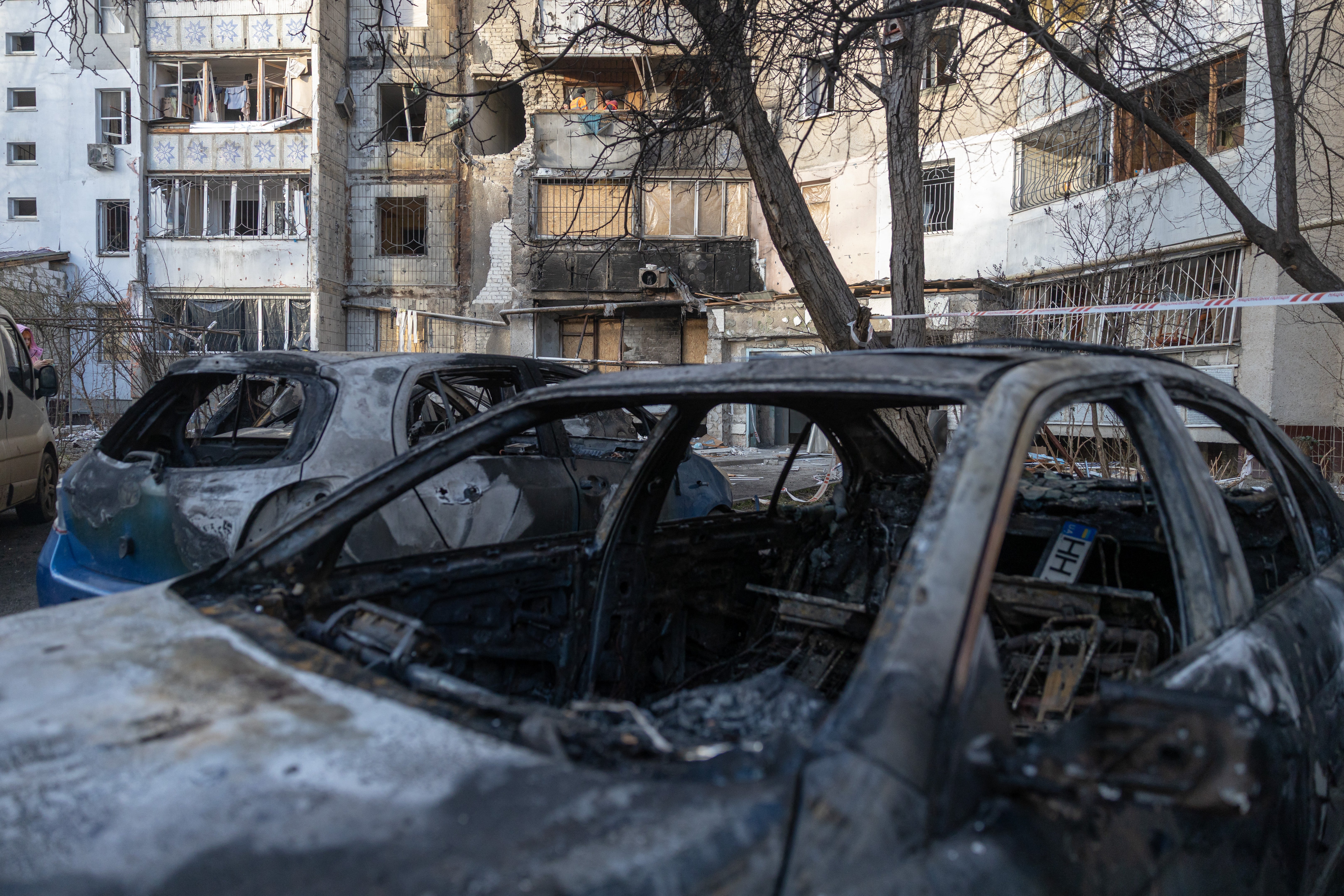 Burnt-out cars litter the location of a brutal attack on Odesa last year