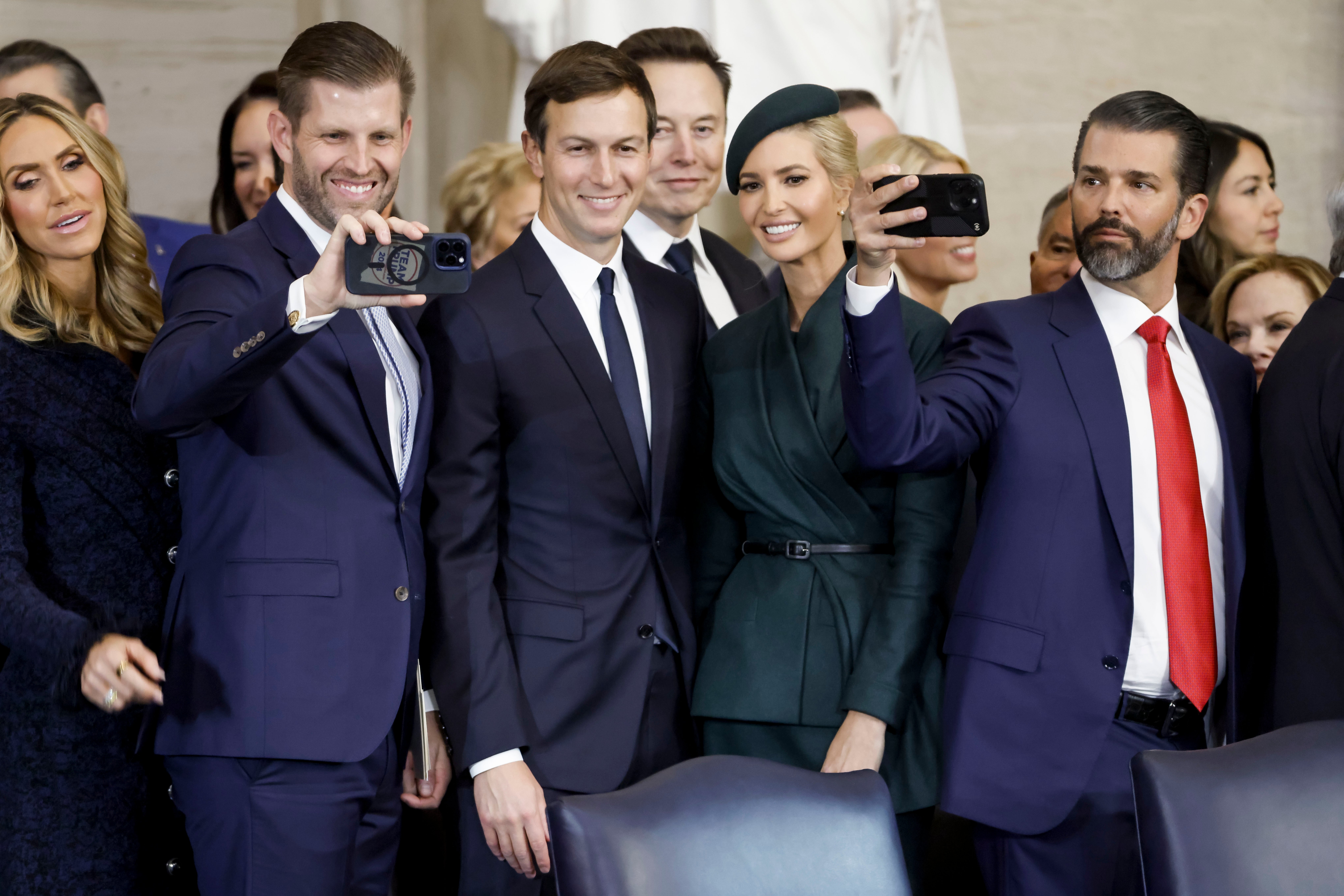 Inner circle (l-r): the president’s daughter-in-law Lara Trump, son Eric Trump, son-in-law Jared Kushner, erstwhile close confidante Elon Musk, daughter Ivanka Trump, and eldest son Donald Trump Jr, at the presidential inauguration in January 2025