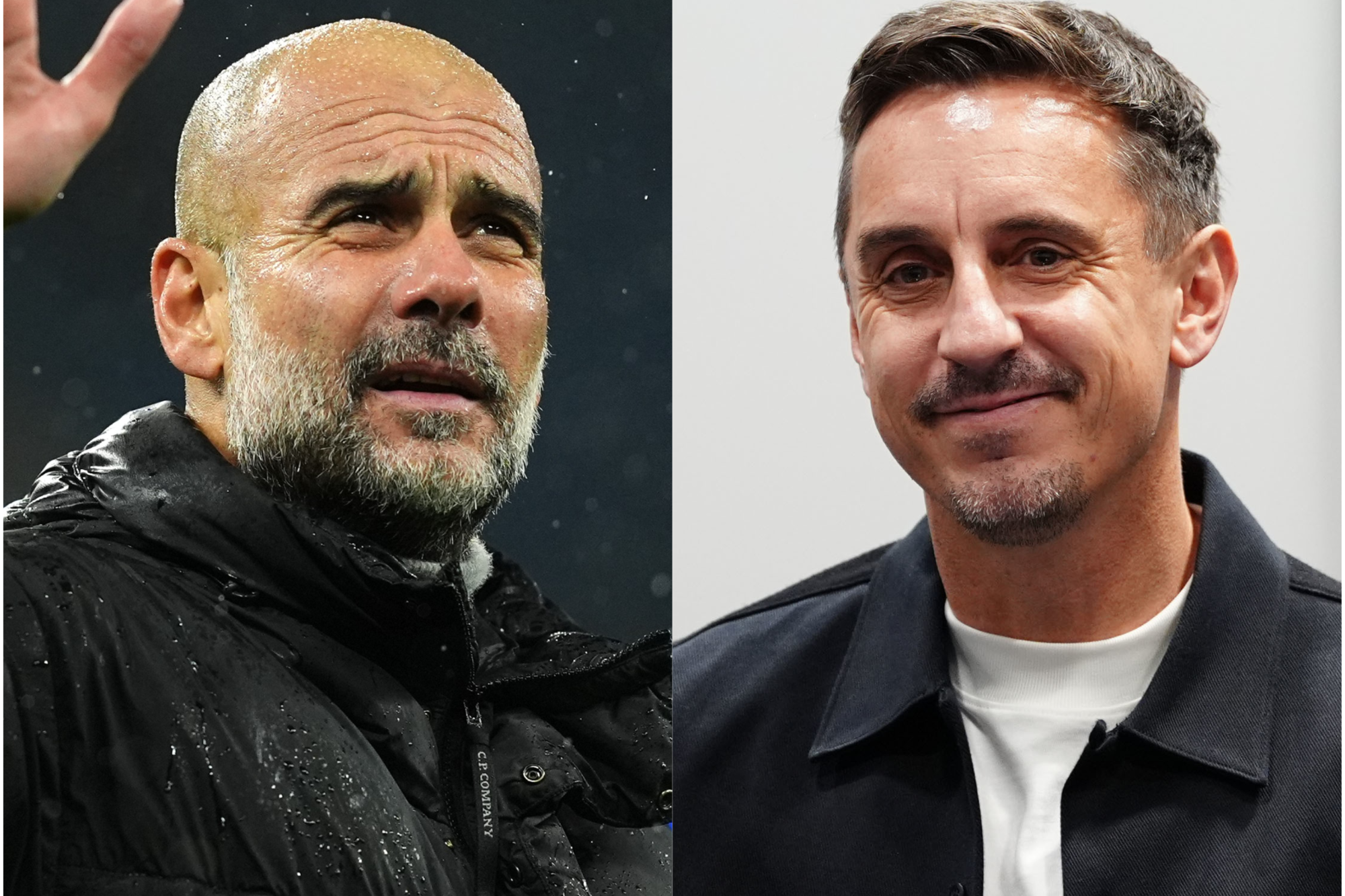 Pep Guardiola (left) and Gary Neville (Martin Rickett/Peter Byrne/PA)