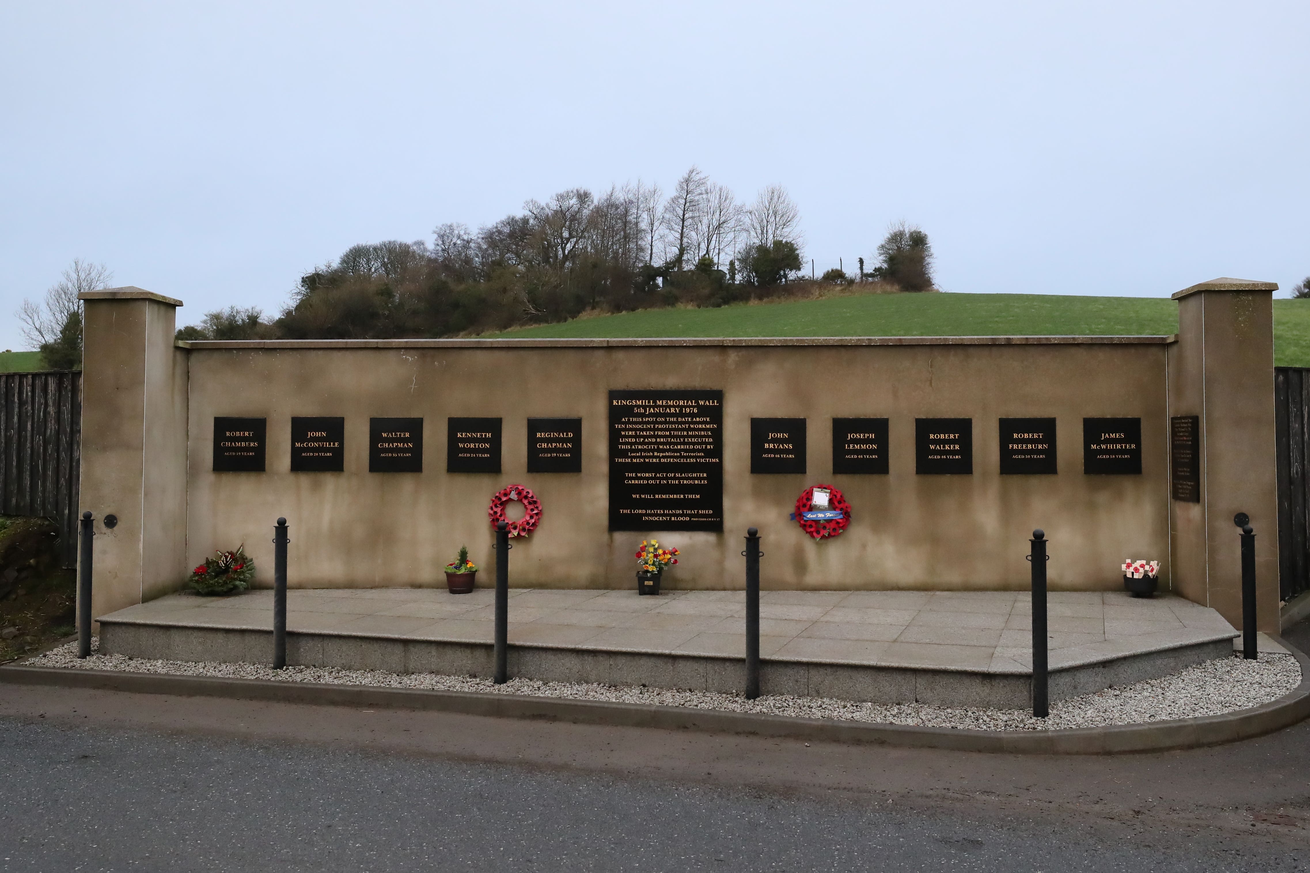 The Kingsmill memorial wall at the scene of the atrocity in Co Armagh (PA)