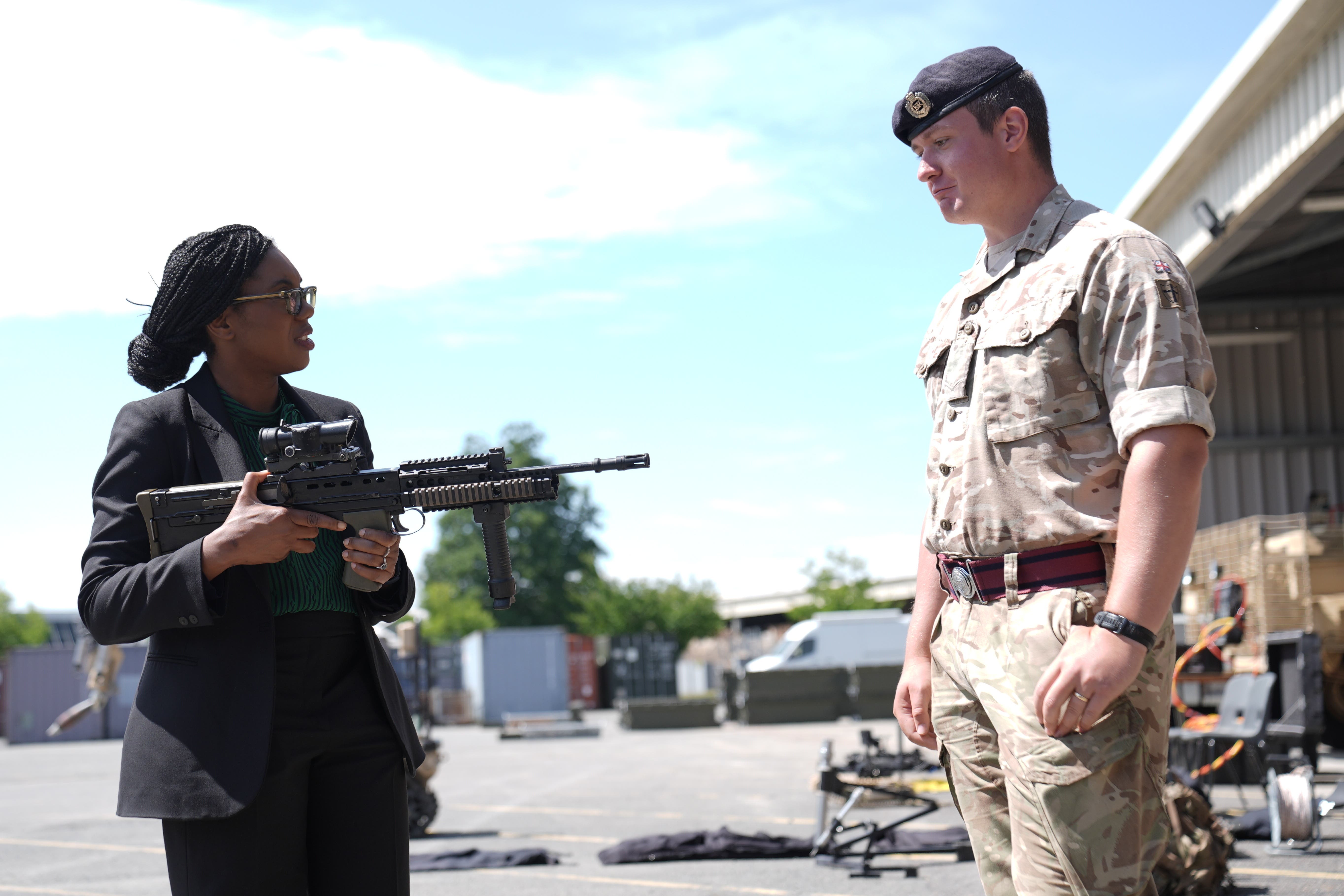 Conservative Party leader Kemi Badenoch meets members of the 35 Engineer Regiment, Royal Engineers during a visit to Carver Barracks in her constituency in north-west Essex (Stefan Rousseau/PA)