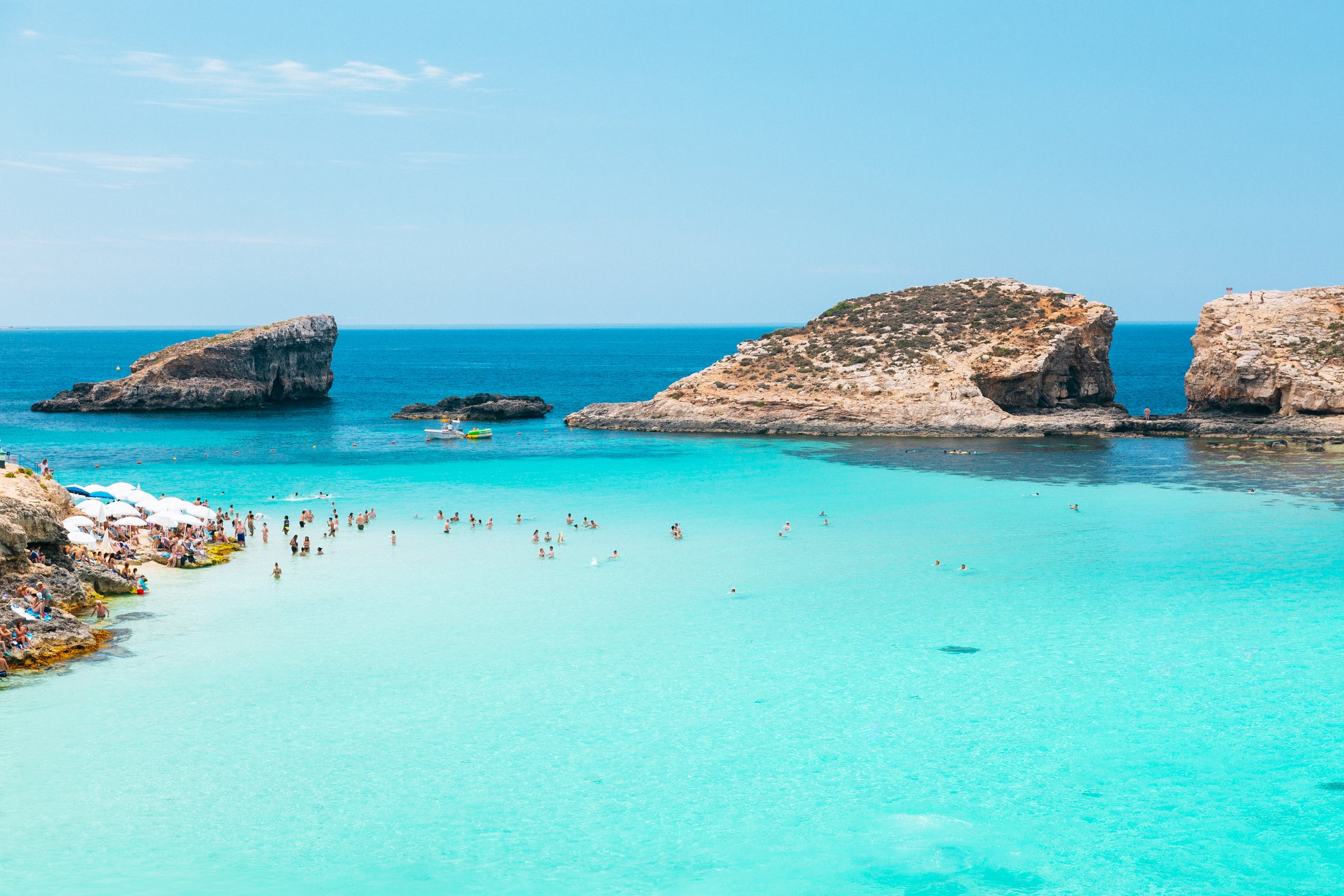 The incredible Blue Lagoon off the coast of Comino, one of the three main islands in the Maltese archipelago
