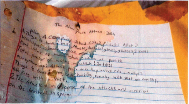 During a search of the suspect’s home on Dec. 29, law enforcement found handwritten documents, including one titled ‘New Years Attack 2026’
