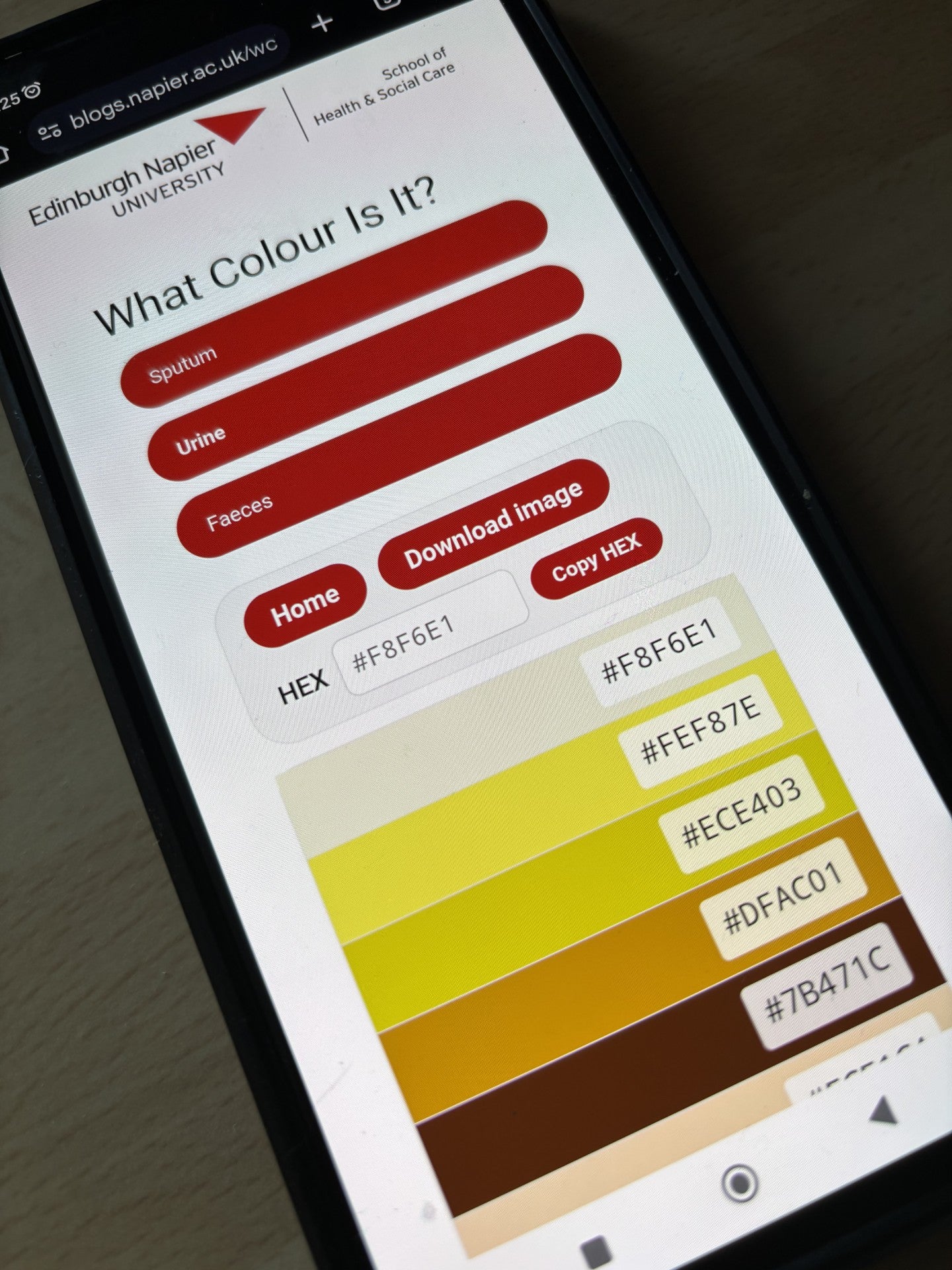 The online tool resembles a paint colour card, with a standardised list of colours for different bodily fluids (Nick Forbes/PA)