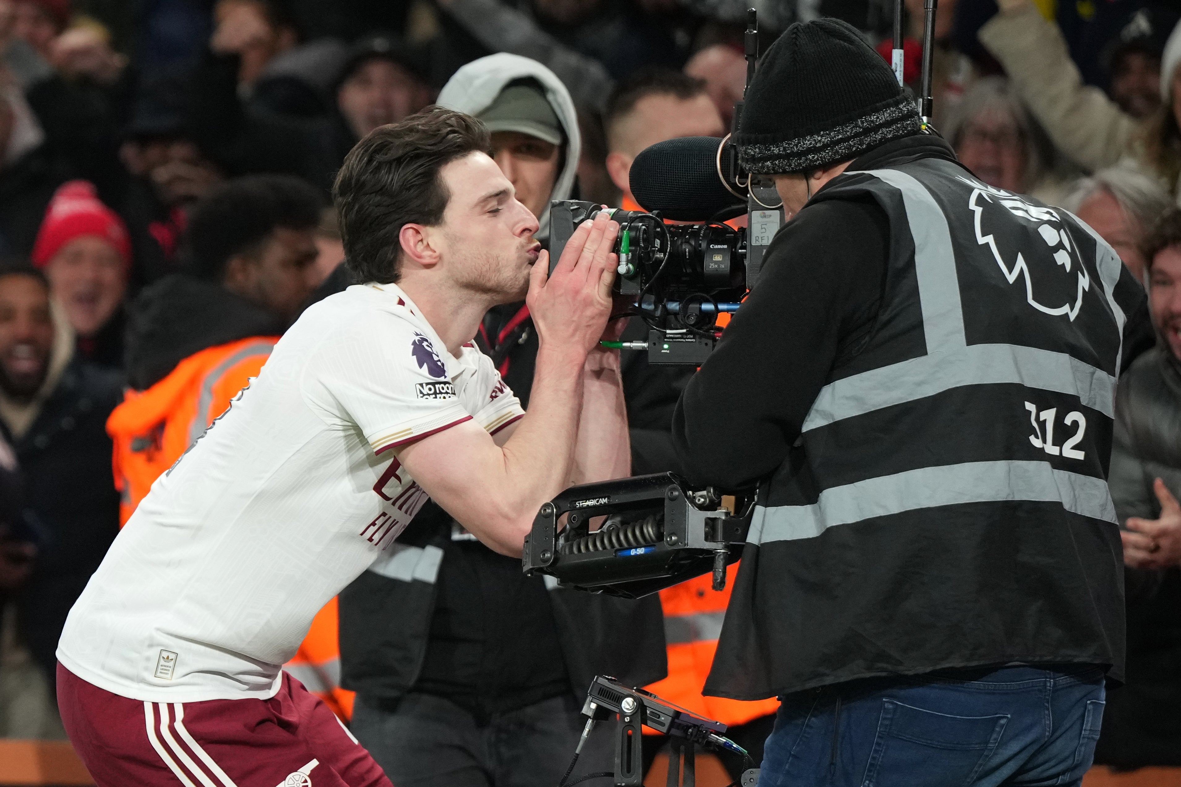 <p>Declan Rice plants a kiss on the camera after bagging his second goal against Bournemouth</p>