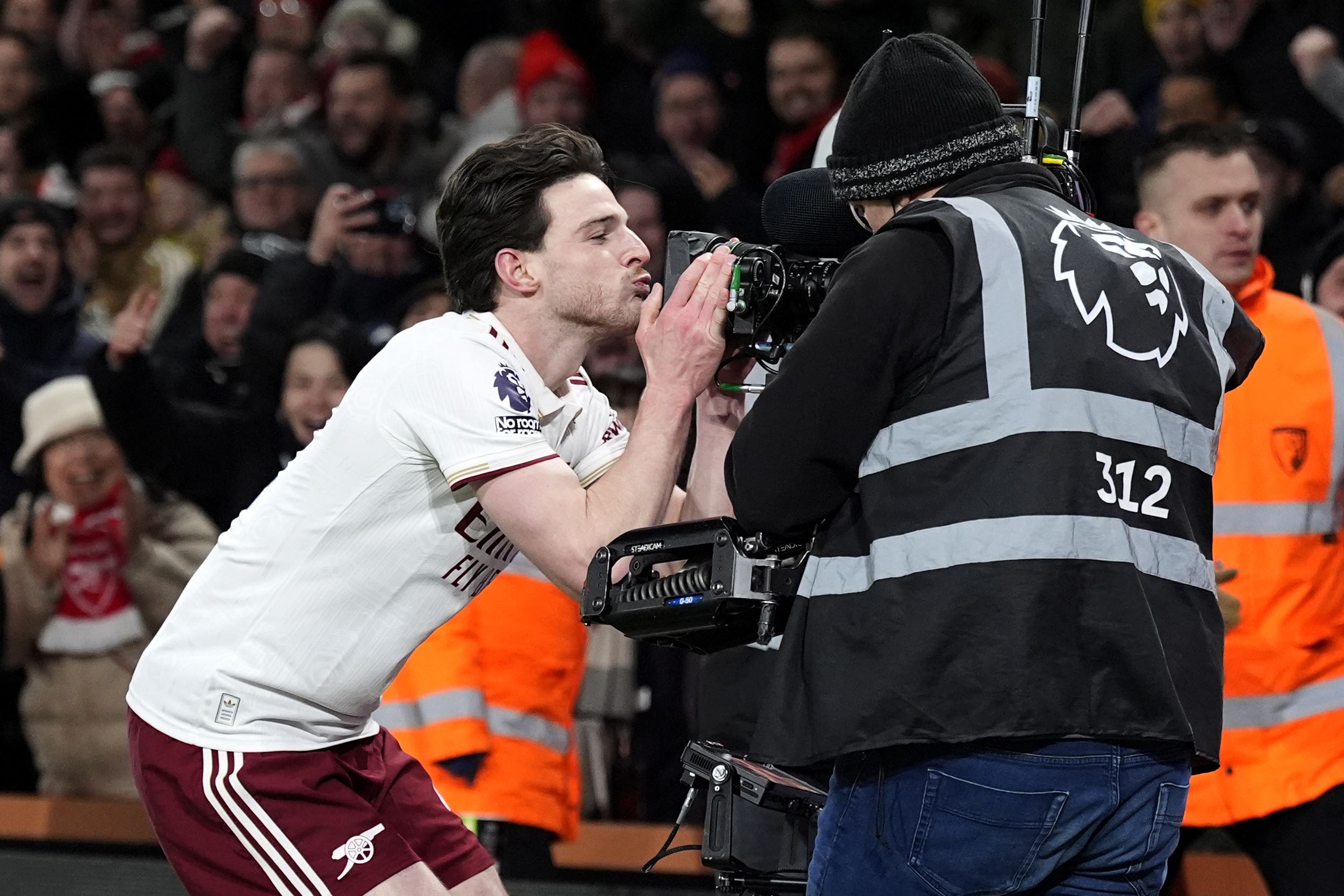 Declan Rice kisses the camera after scoring his second goal against Bournemouth (Andrew Matthews/PA)